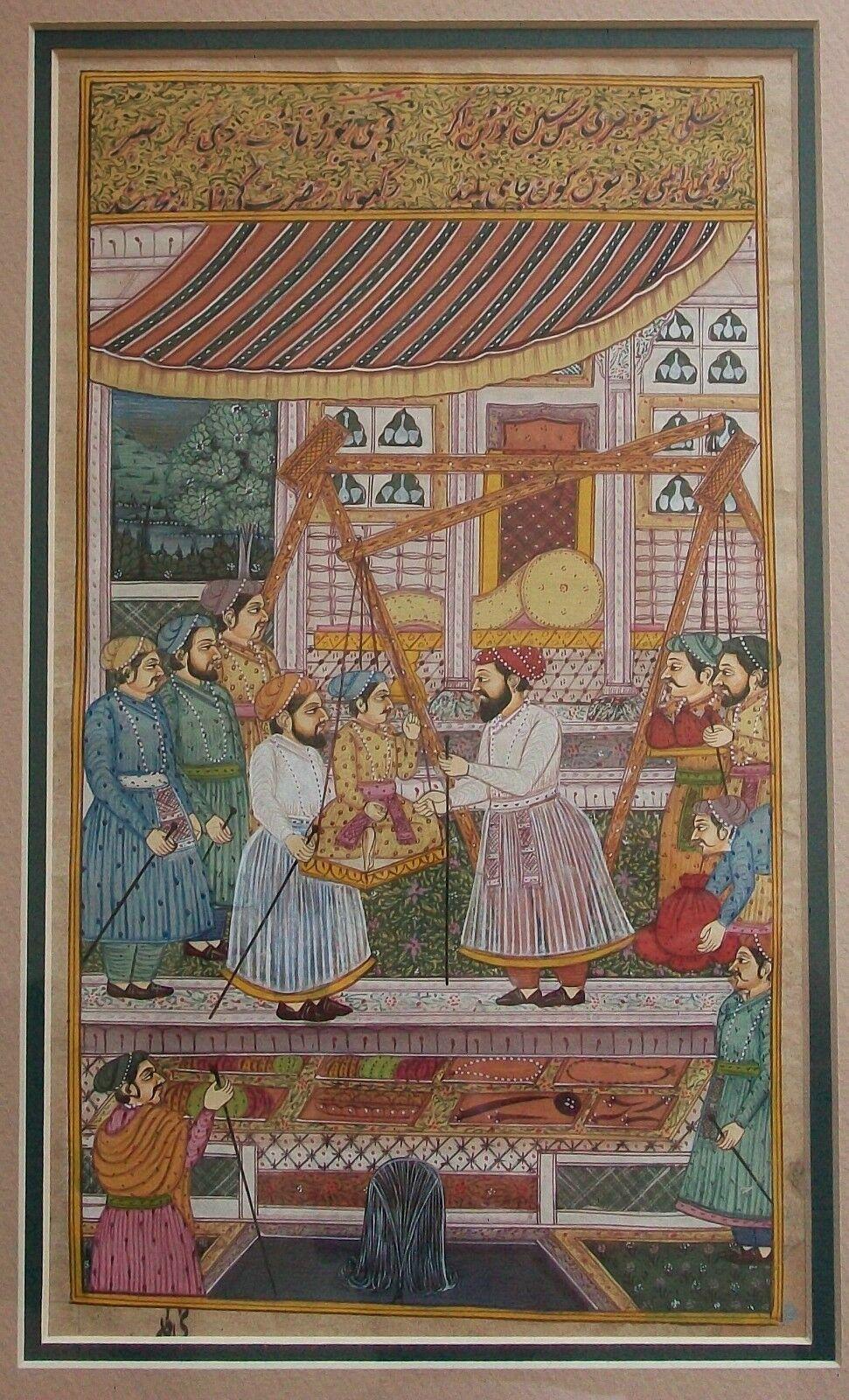 Anglo-indien Peinture miniature de style moghol représentant une scène de cour - Encadrée - Inde - 20e siècle