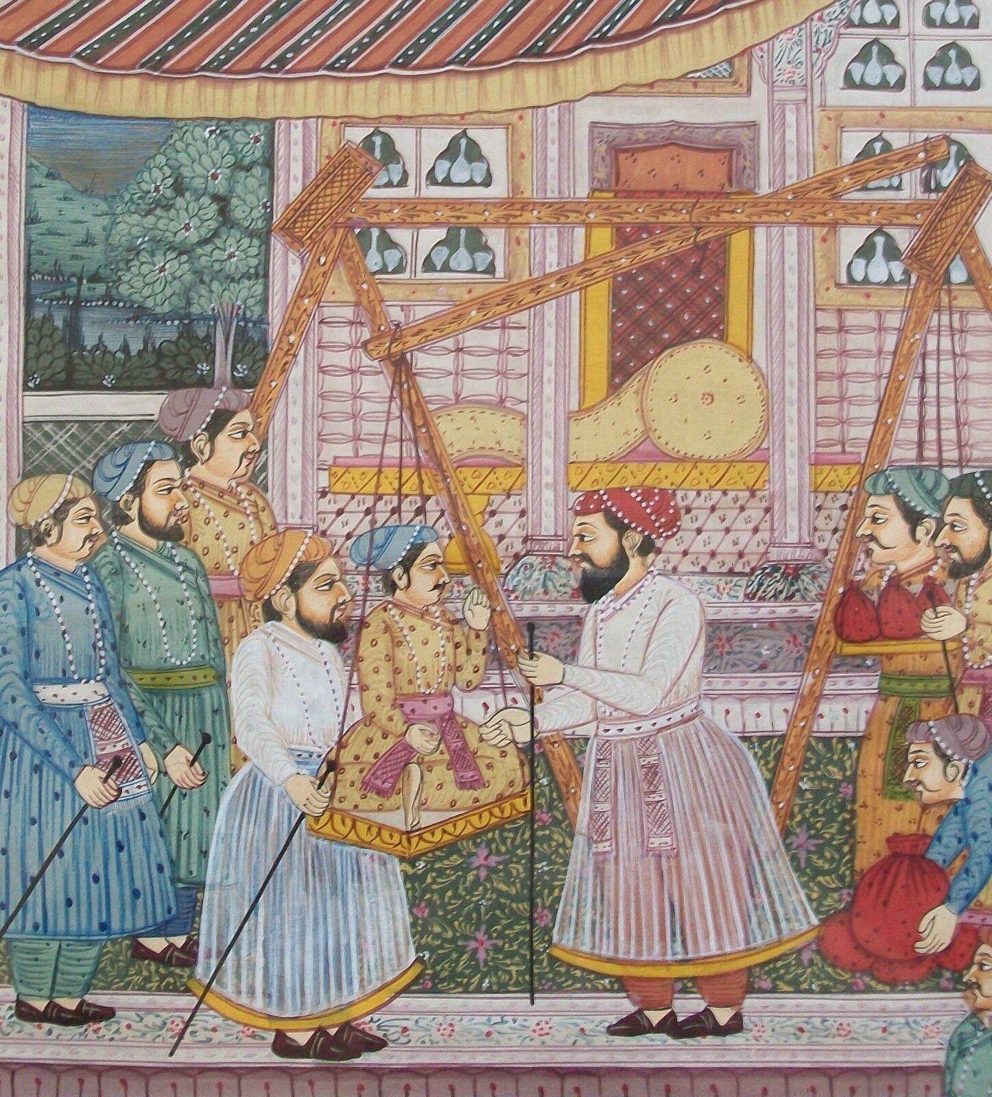 Asiatique Peinture miniature de style moghol représentant une scène de cour - Encadrée - Inde - 20e siècle