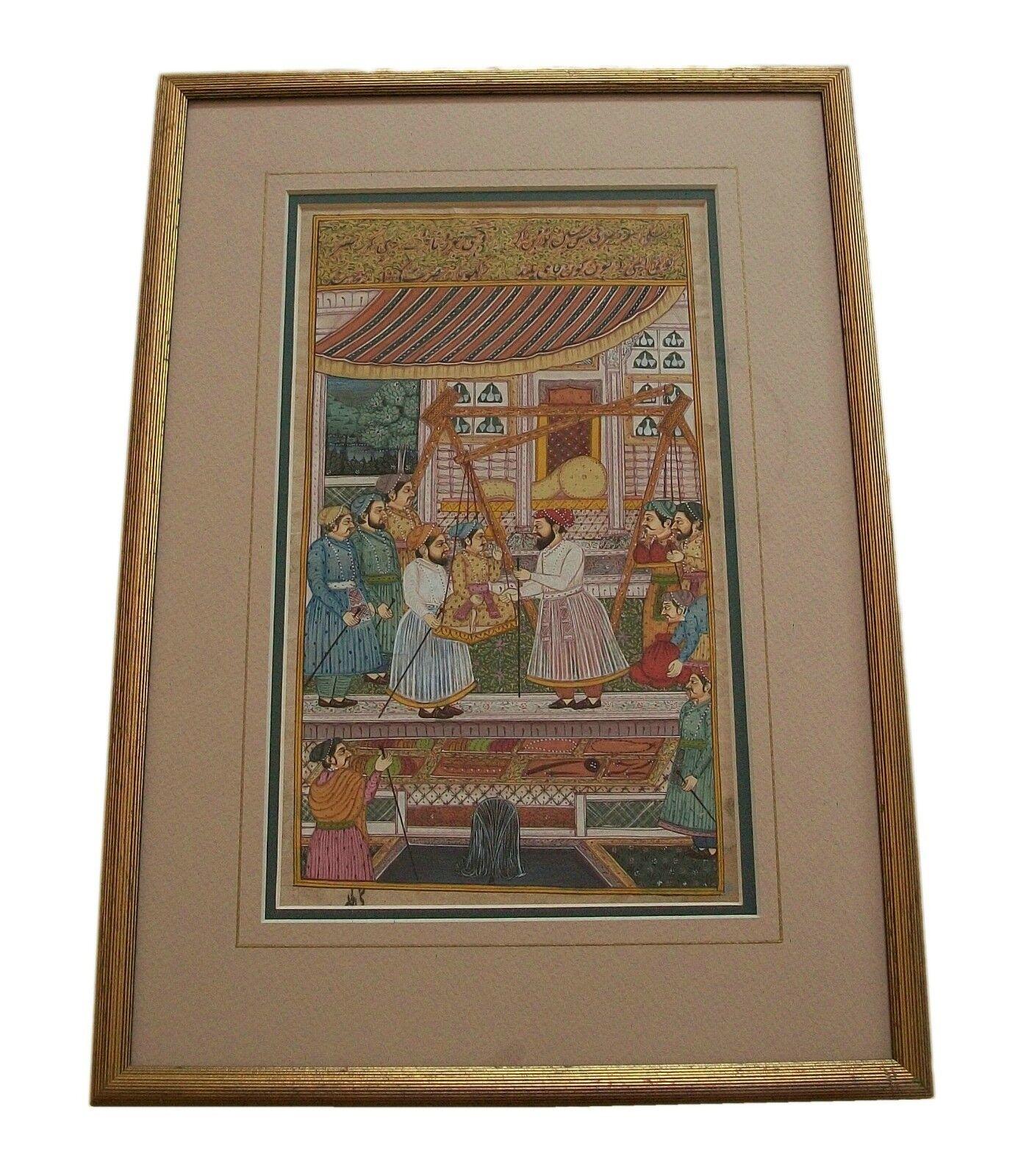 Peint à la main Peinture miniature de style moghol représentant une scène de cour - Encadrée - Inde - 20e siècle