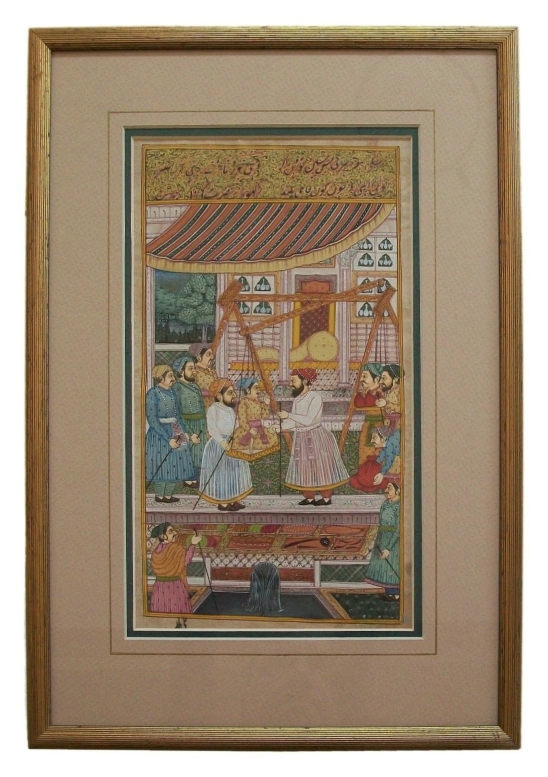 Peinture miniature de style moghol représentant une scène de cour - Encadrée - Inde - 20e siècle Bon état à Chatham, ON