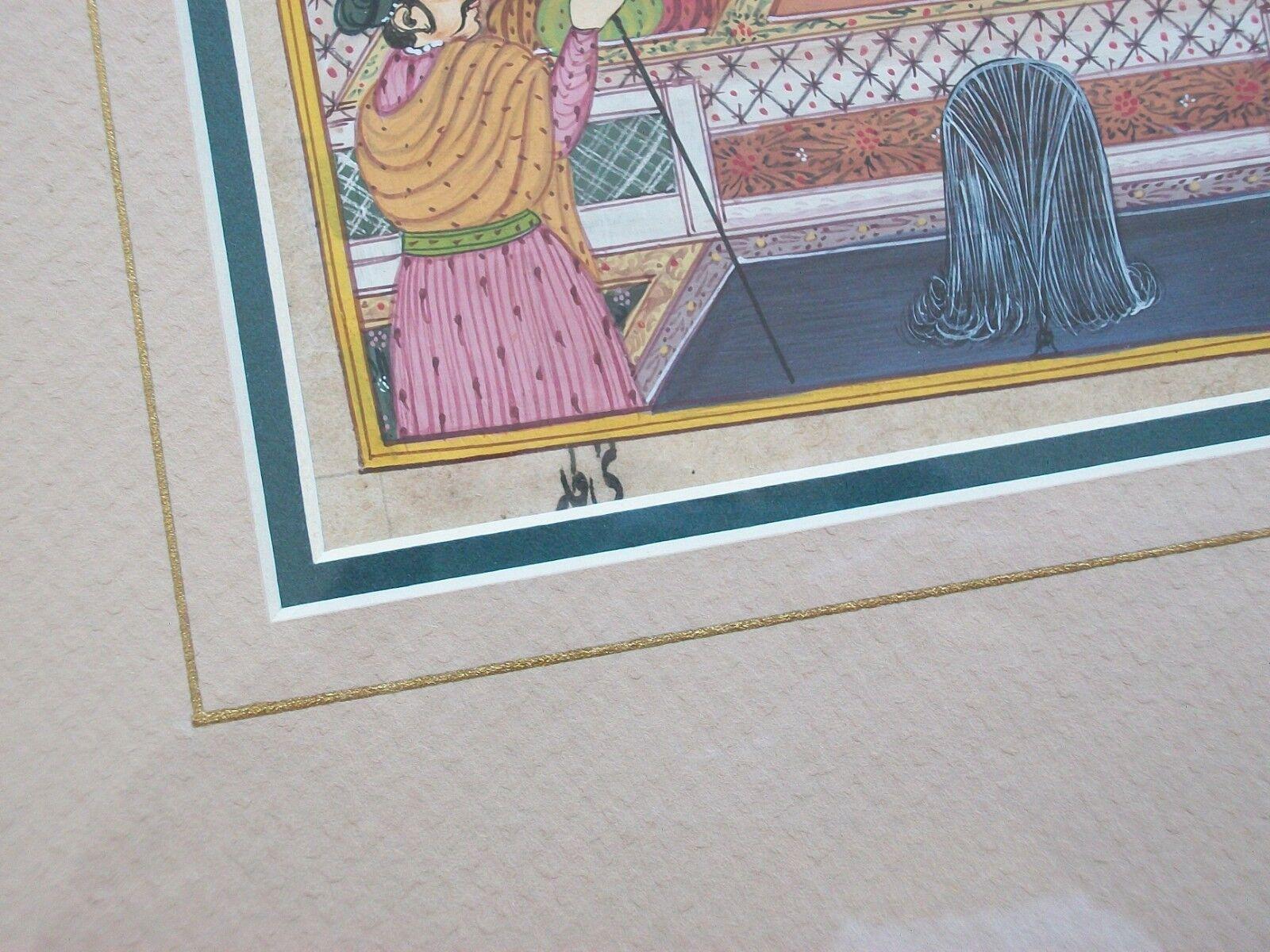 Hand-Painted Mughal Style Miniature Court Scene Painting - Framed - India - 20th Century For Sale