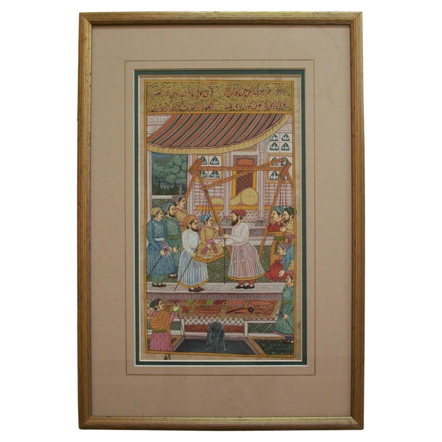 Peinture miniature de style moghol représentant une scène de cour - Encadrée - Inde - 20e siècle