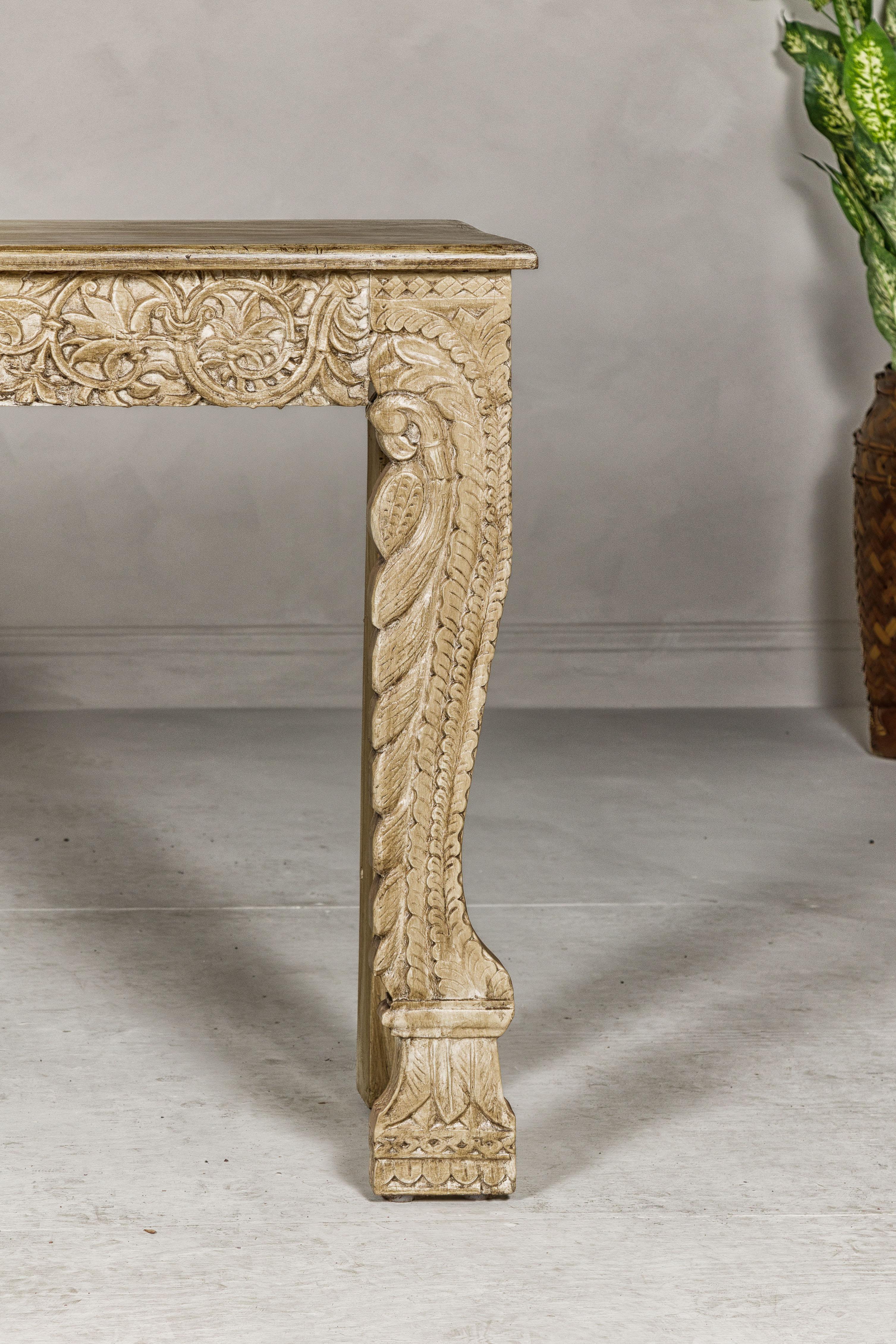 Mughal Style Painted Console Table with Foliage Carved Apron and Legs For Sale 5