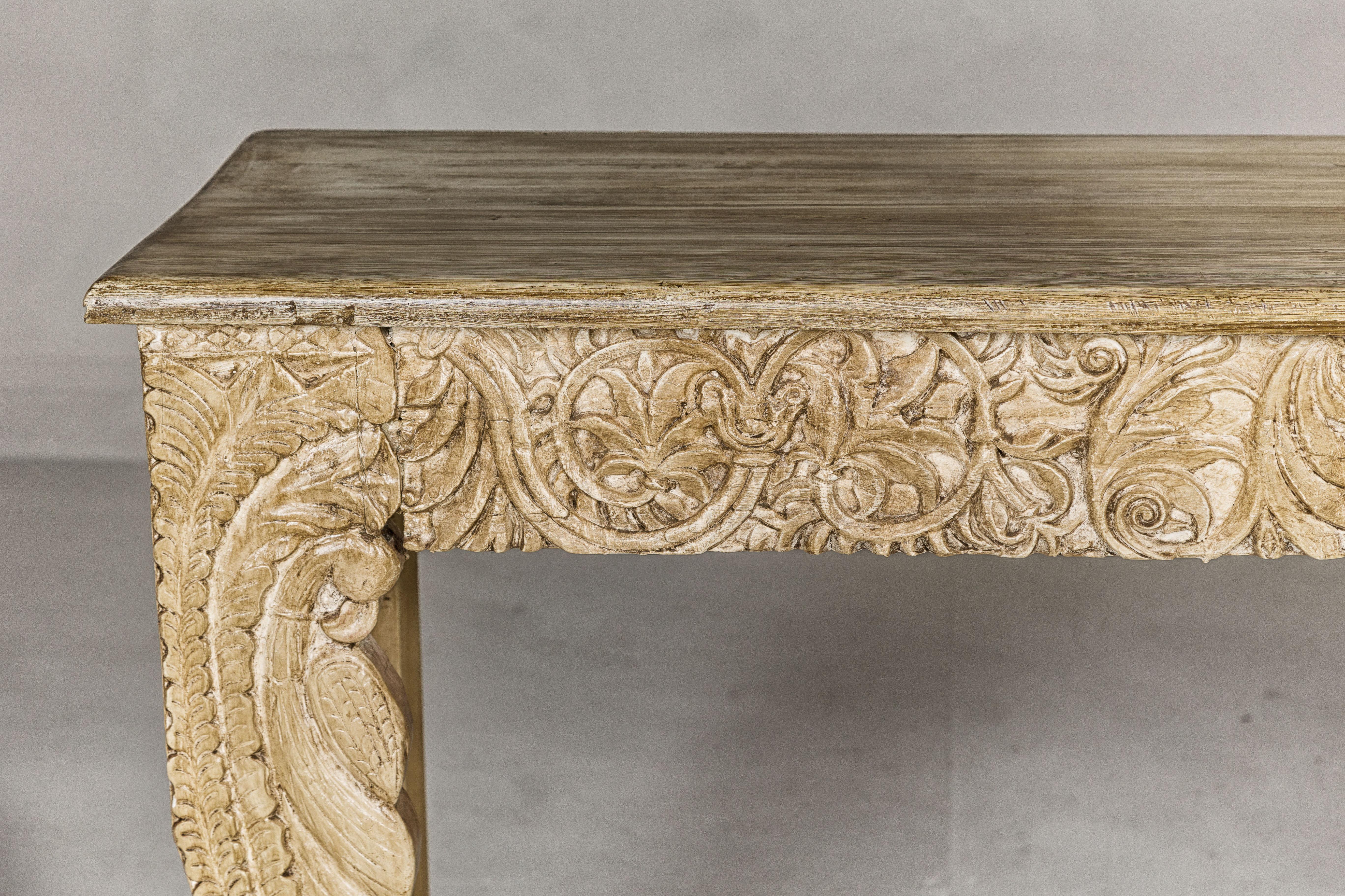 Mughal Style Painted Console Table with Foliage Carved Apron and Legs For Sale 6