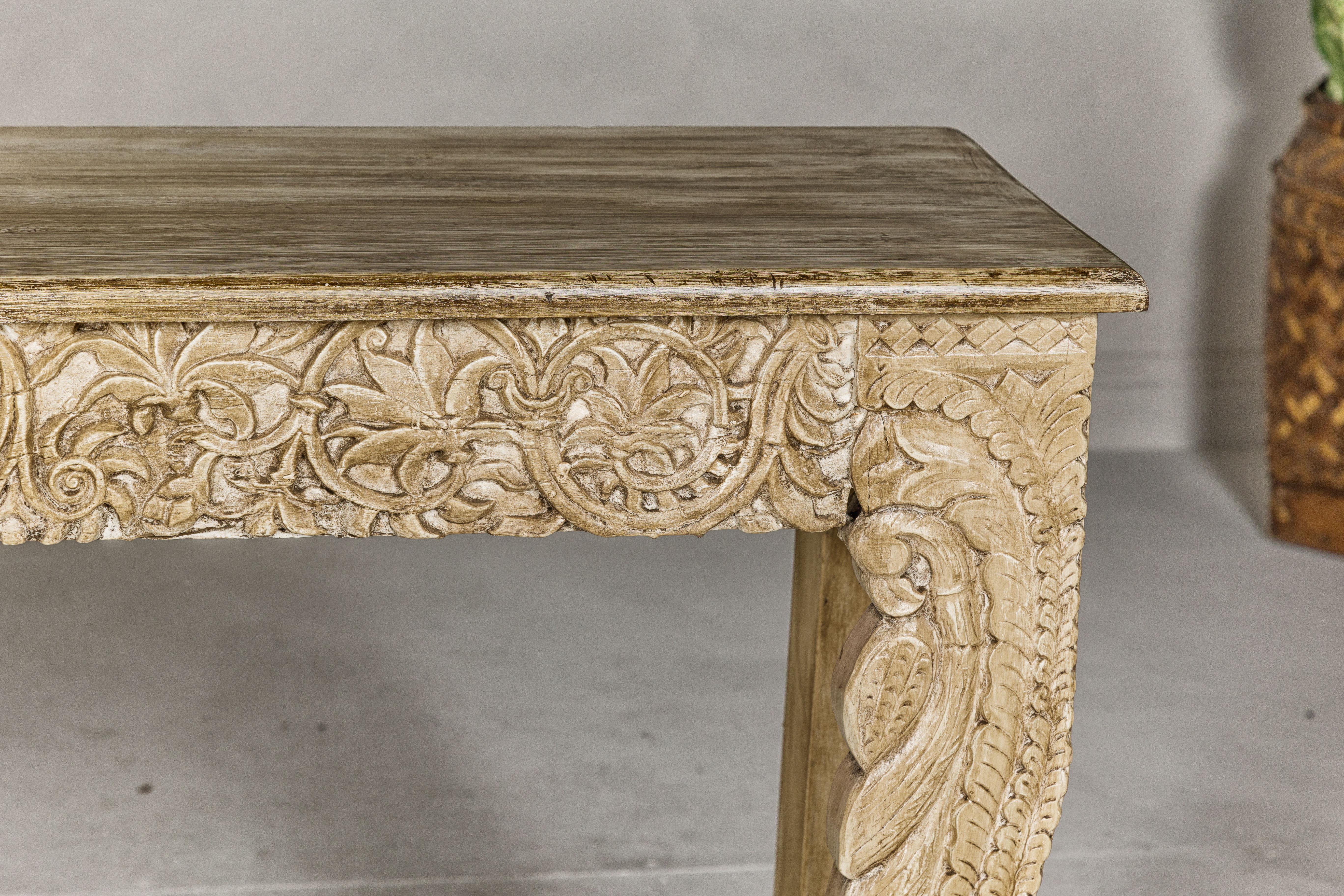 Mughal Style Painted Console Table with Foliage Carved Apron and Legs For Sale 7