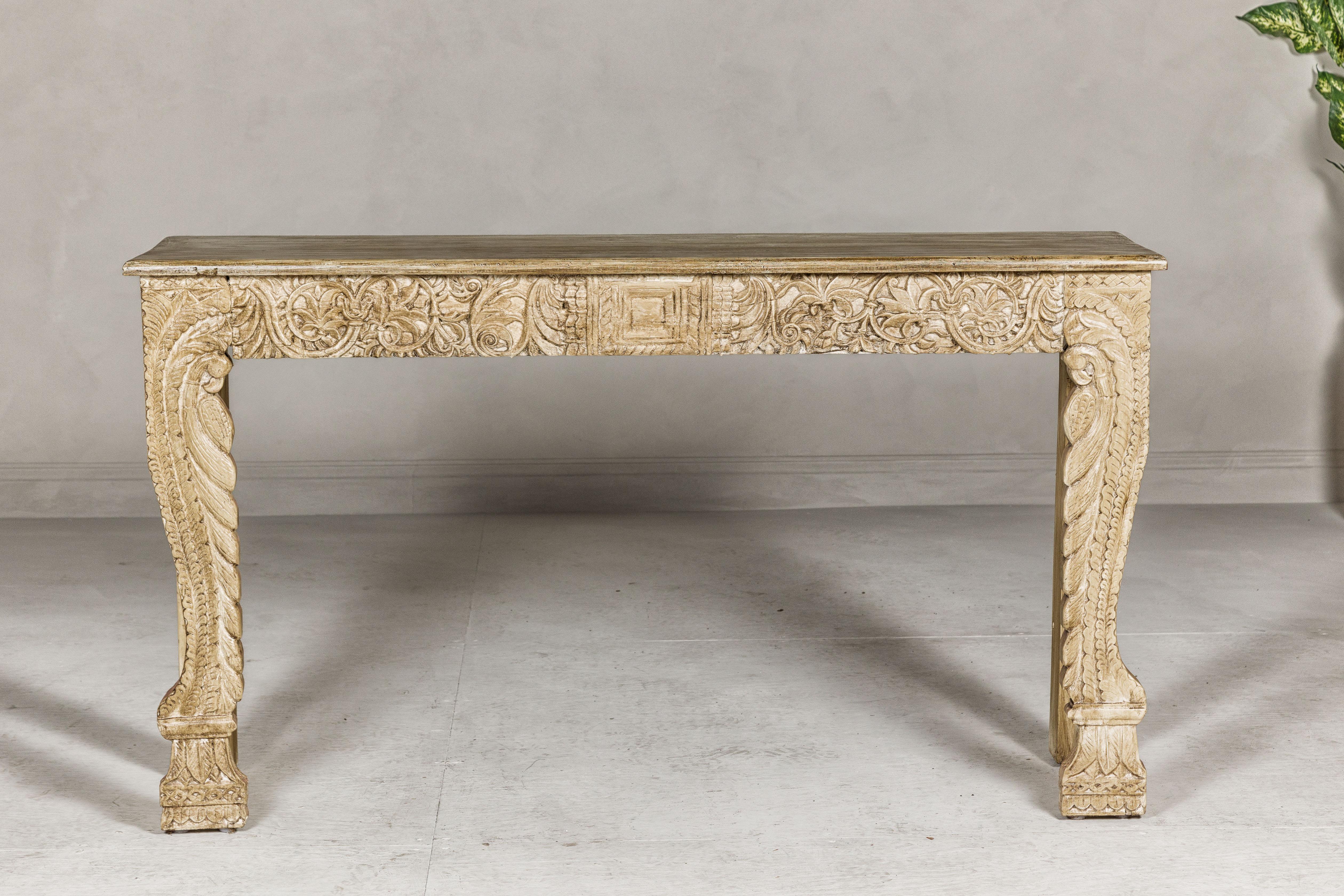 Mughal Style Painted Console Table with Foliage Carved Apron and Legs For Sale 9