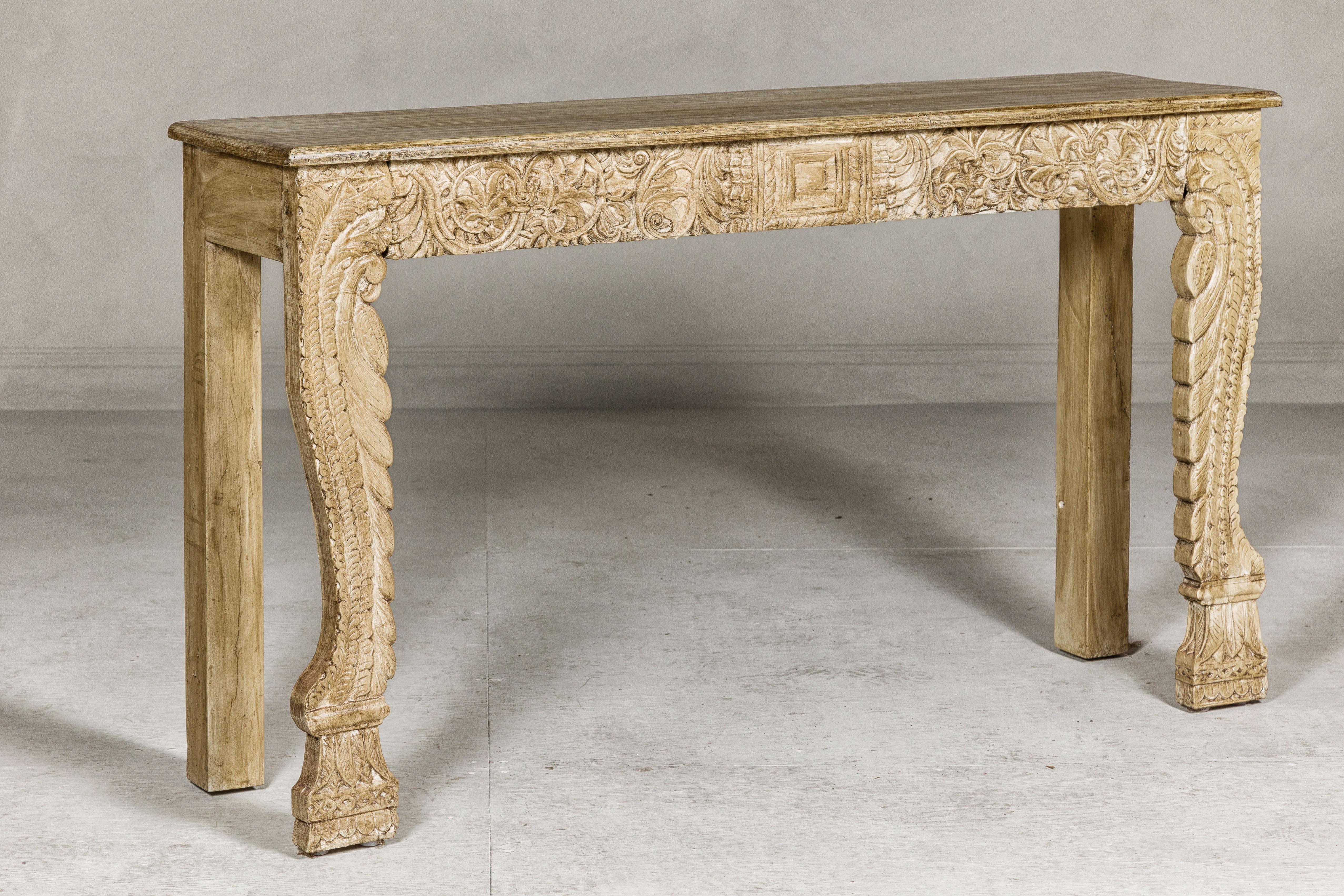 Mughal Style Painted Console Table with Foliage Carved Apron and Legs For Sale 11