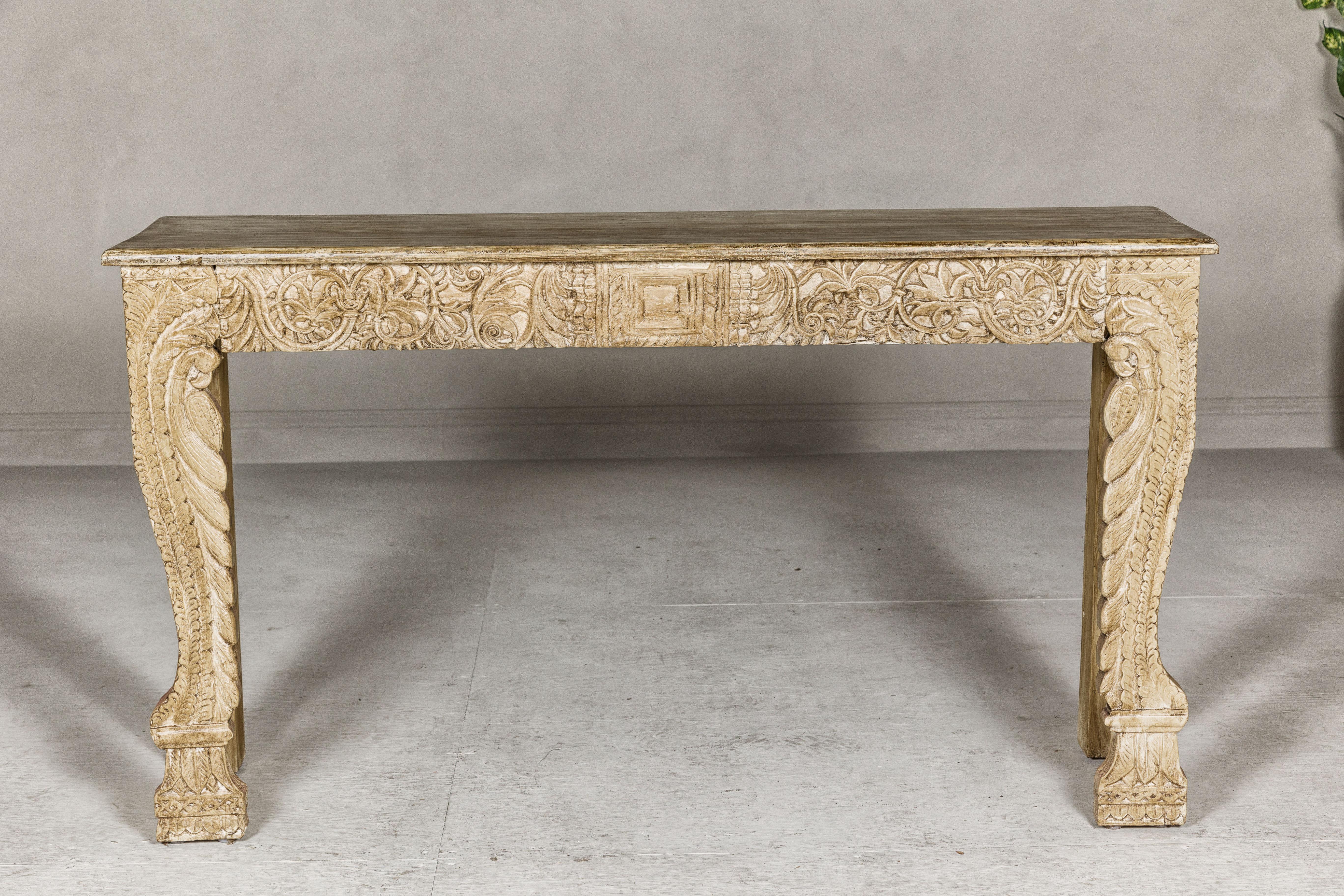 Mughal Style Painted Console Table with Foliage Carved Apron and Legs In Good Condition For Sale In Yonkers, NY
