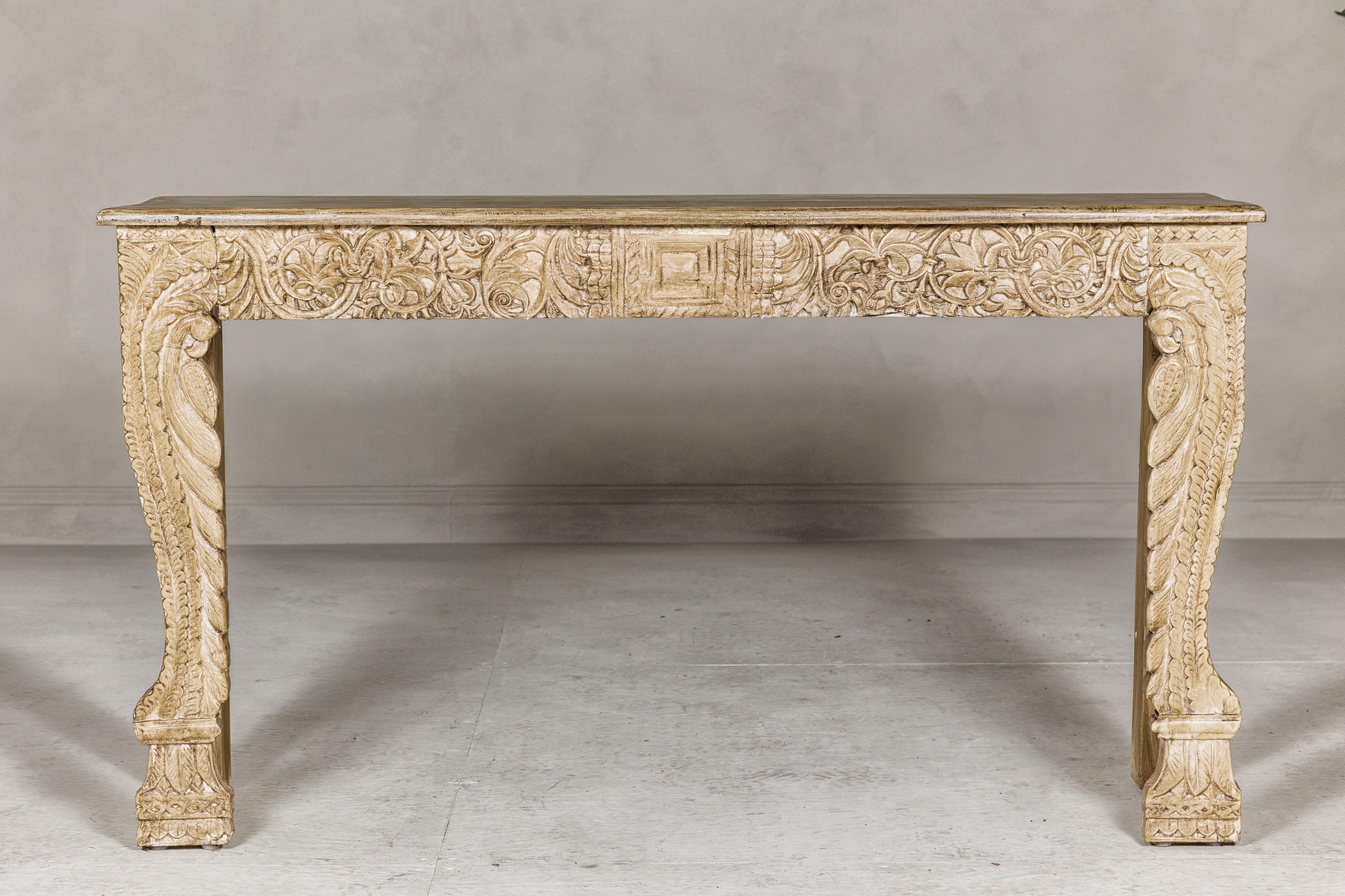 Contemporary Mughal Style Painted Console Table with Foliage Carved Apron and Legs For Sale