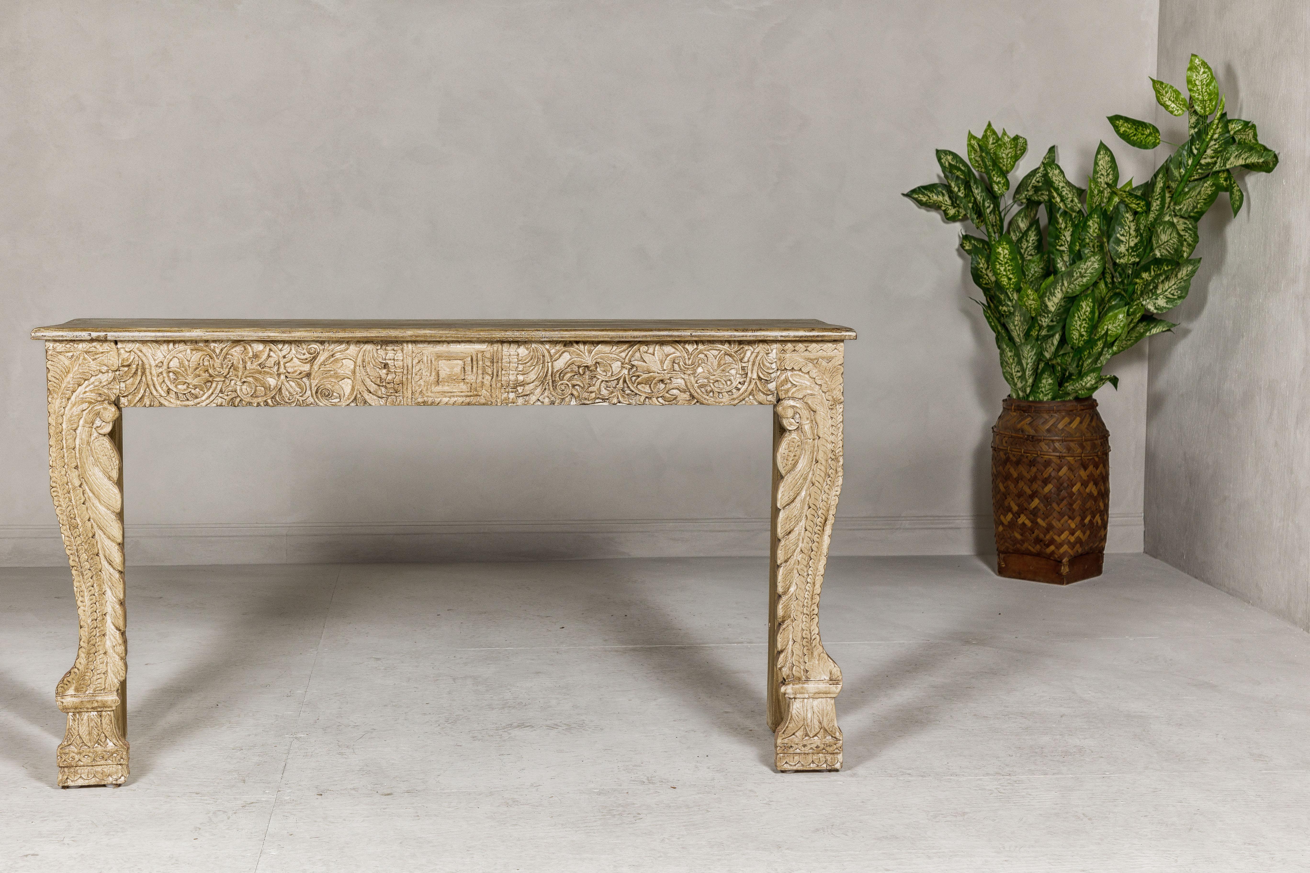Mughal Style Painted Console Table with Foliage Carved Apron and Legs For Sale 1