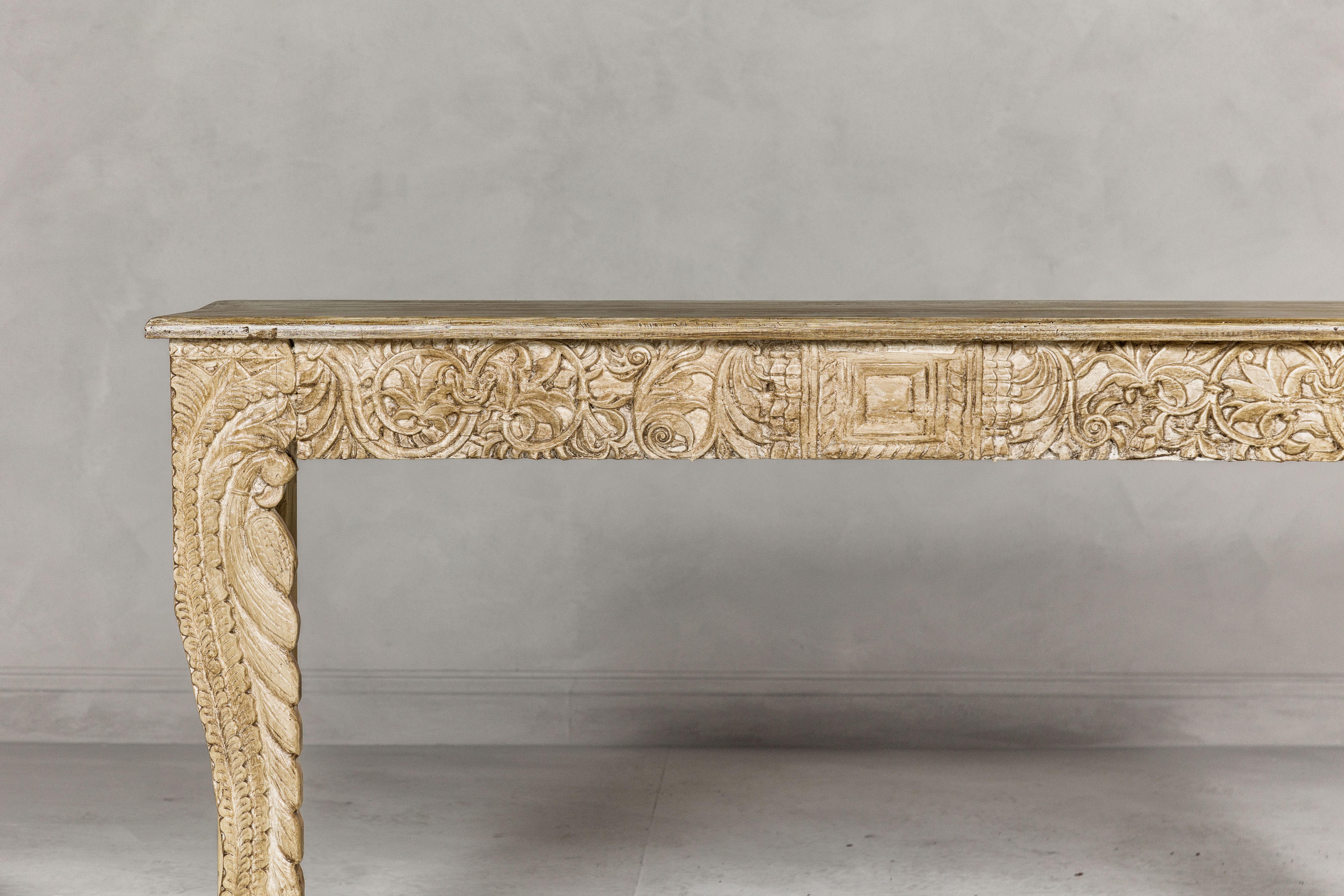 Mughal Style Painted Console Table with Foliage Carved Apron and Legs For Sale 2