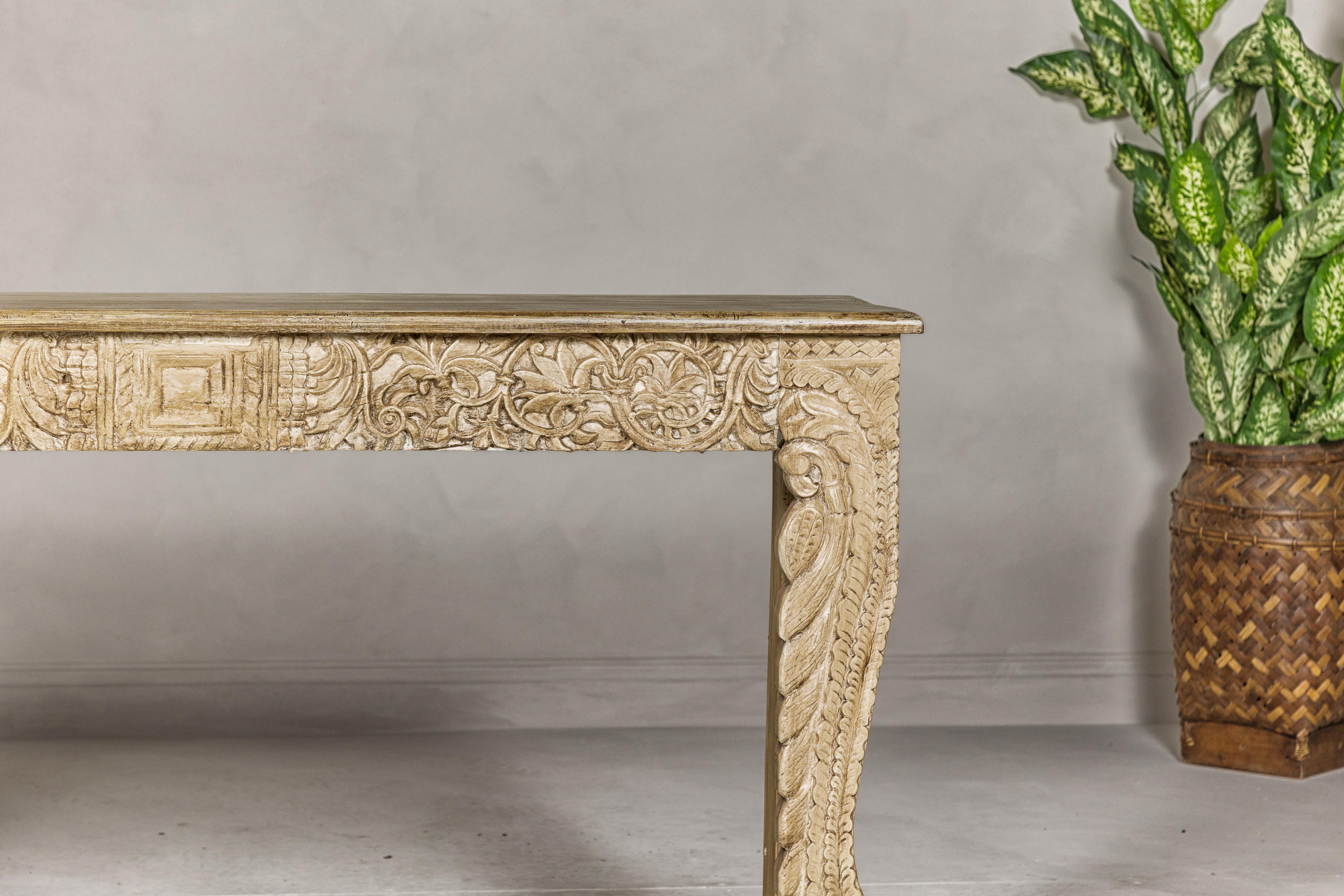 Mughal Style Painted Console Table with Foliage Carved Apron and Legs For Sale 3