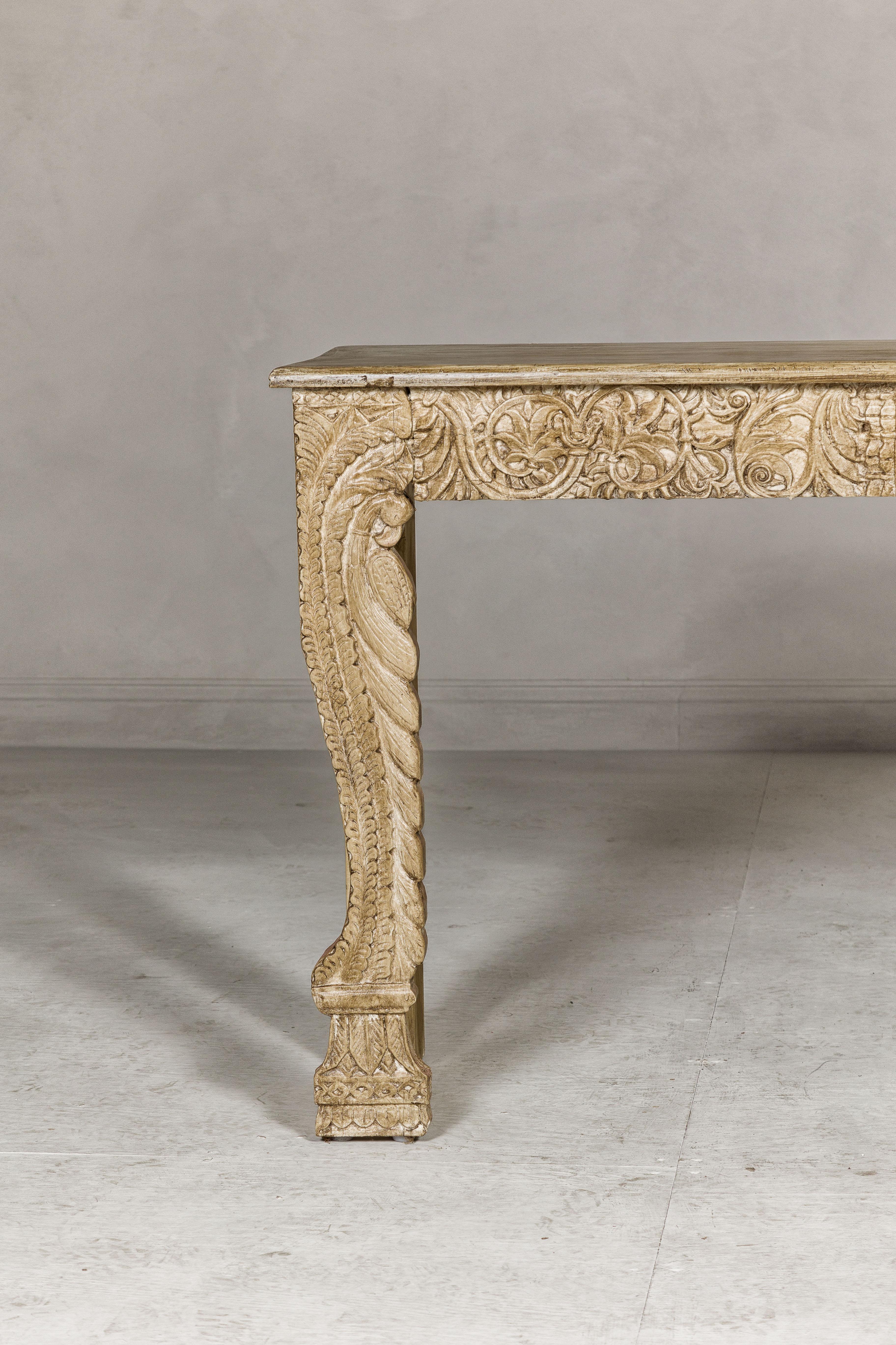 Mughal Style Painted Console Table with Foliage Carved Apron and Legs For Sale 4