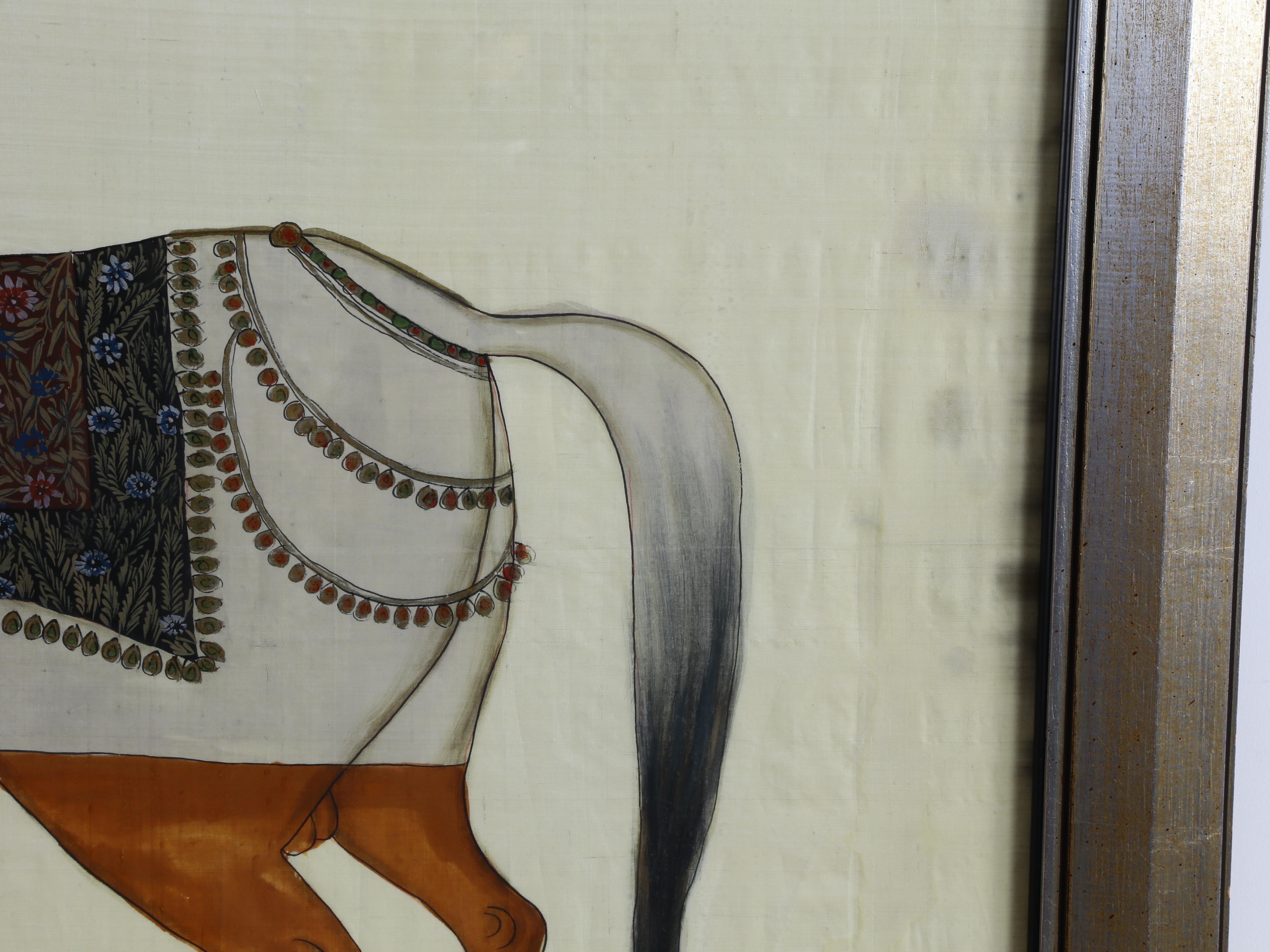 Large painting on silk of a horse, in the Mughal style. His elaborate saddle and bridle show him to belong to gentry! This is a beautiful enlarged modern interpretation of the traditional Mughal style of a miniature painting.
Stains on right side