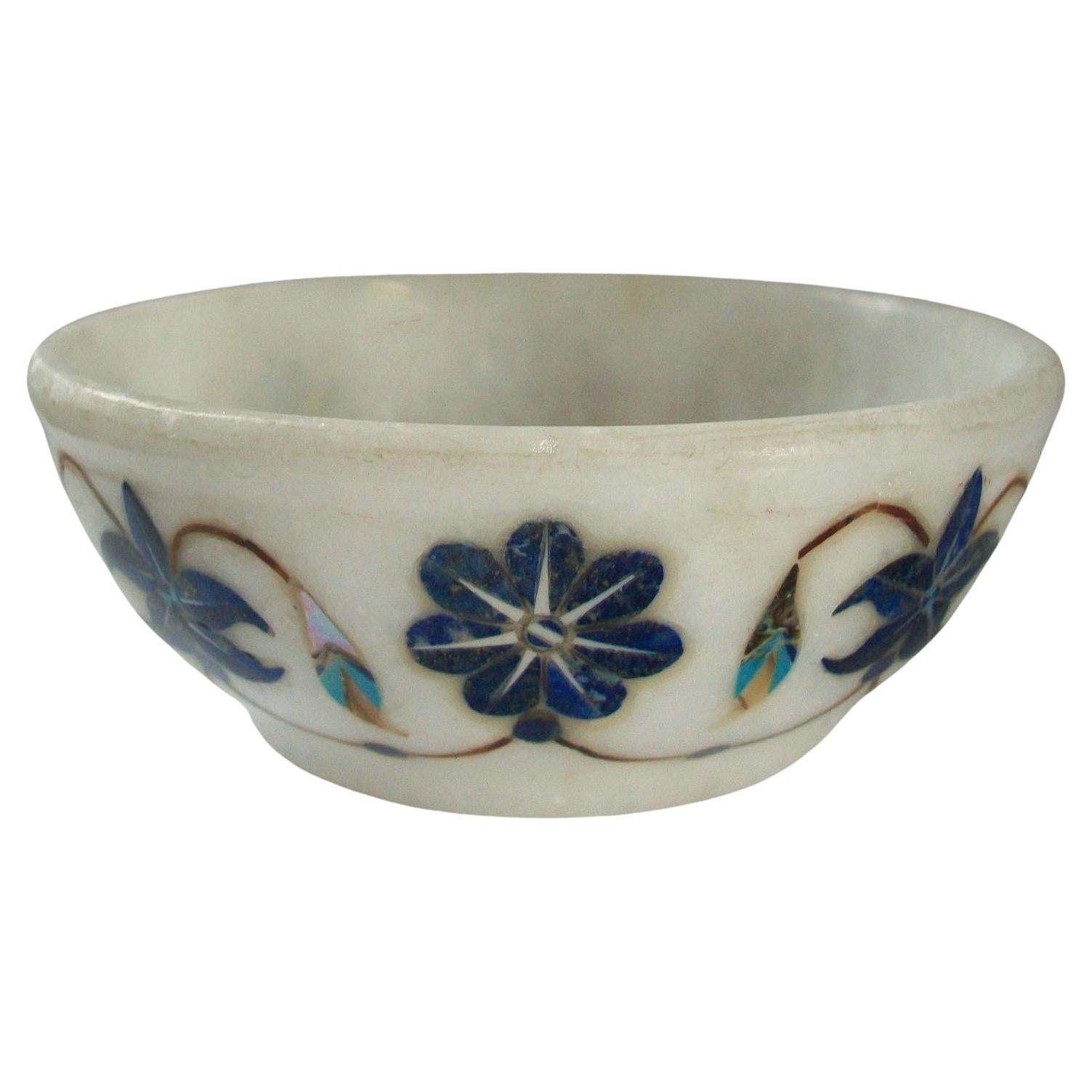 Mughal Style Pietra Dura Marble Bowl with Stone Inlay, India, Mid-20th Century