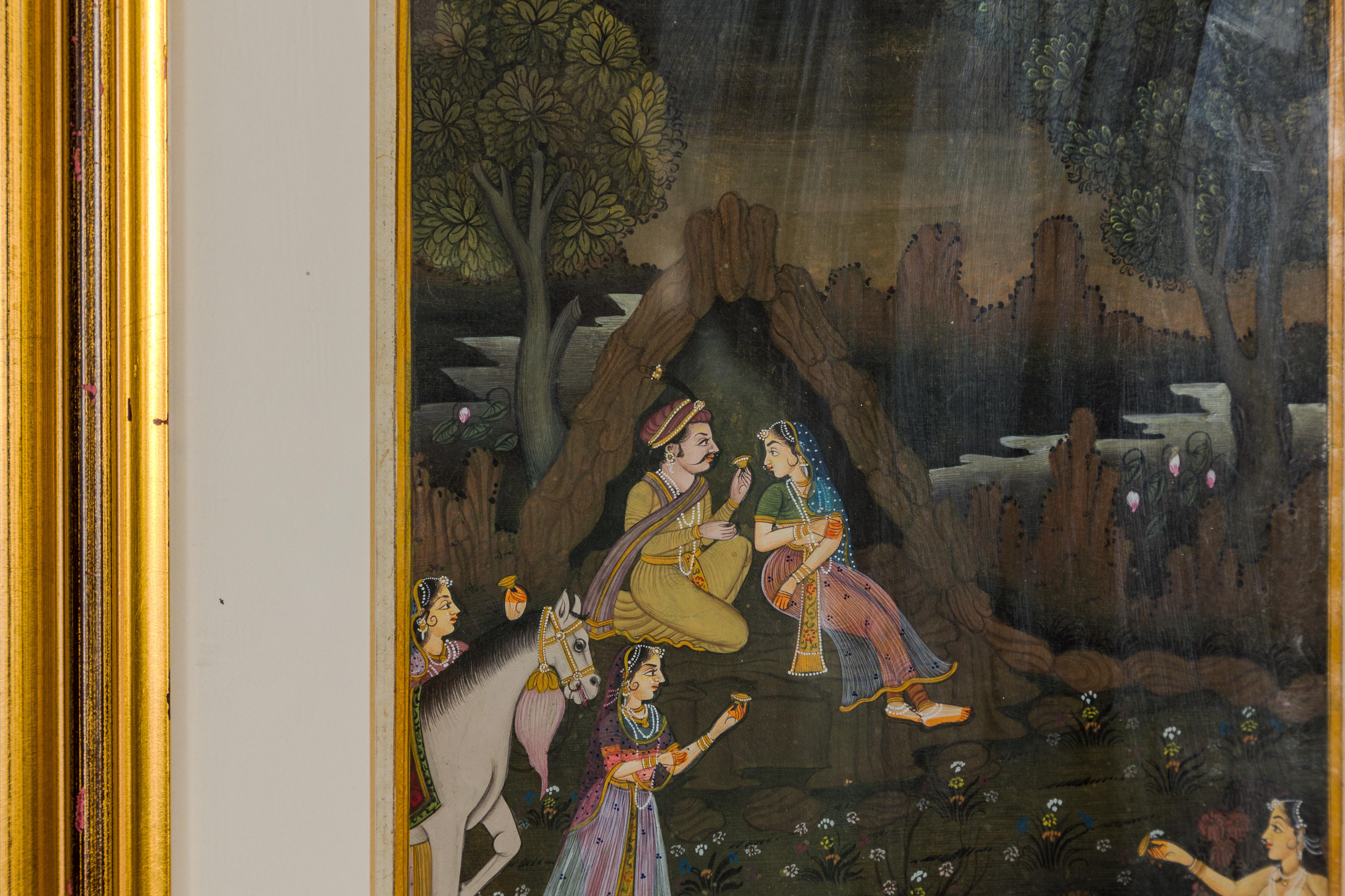 Giltwood Mughal Style Watercolor on Paper Painting Depicting a King and His Harem, Framed For Sale