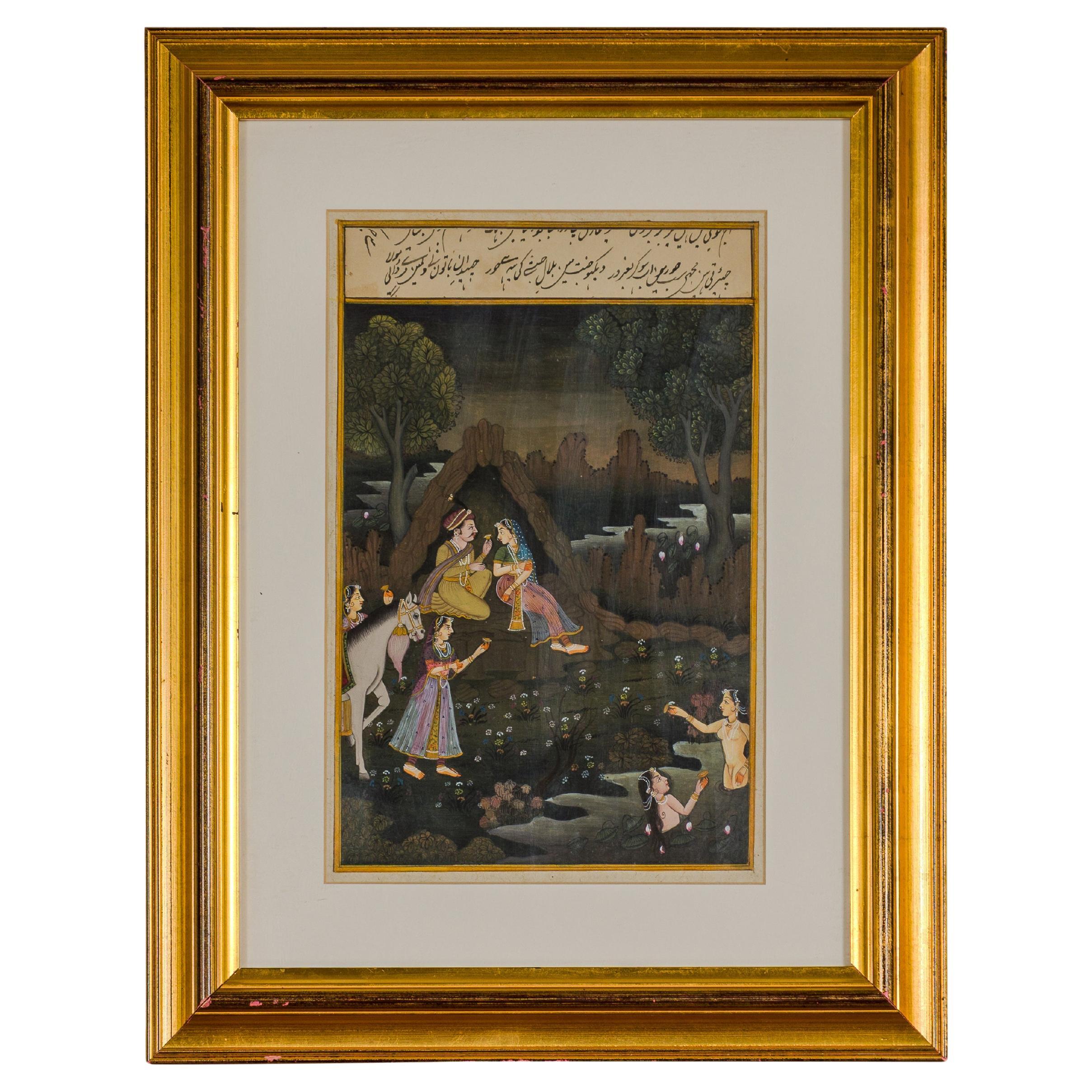 Mughal Style Watercolor on Paper Painting Depicting a King and His Harem, Framed For Sale