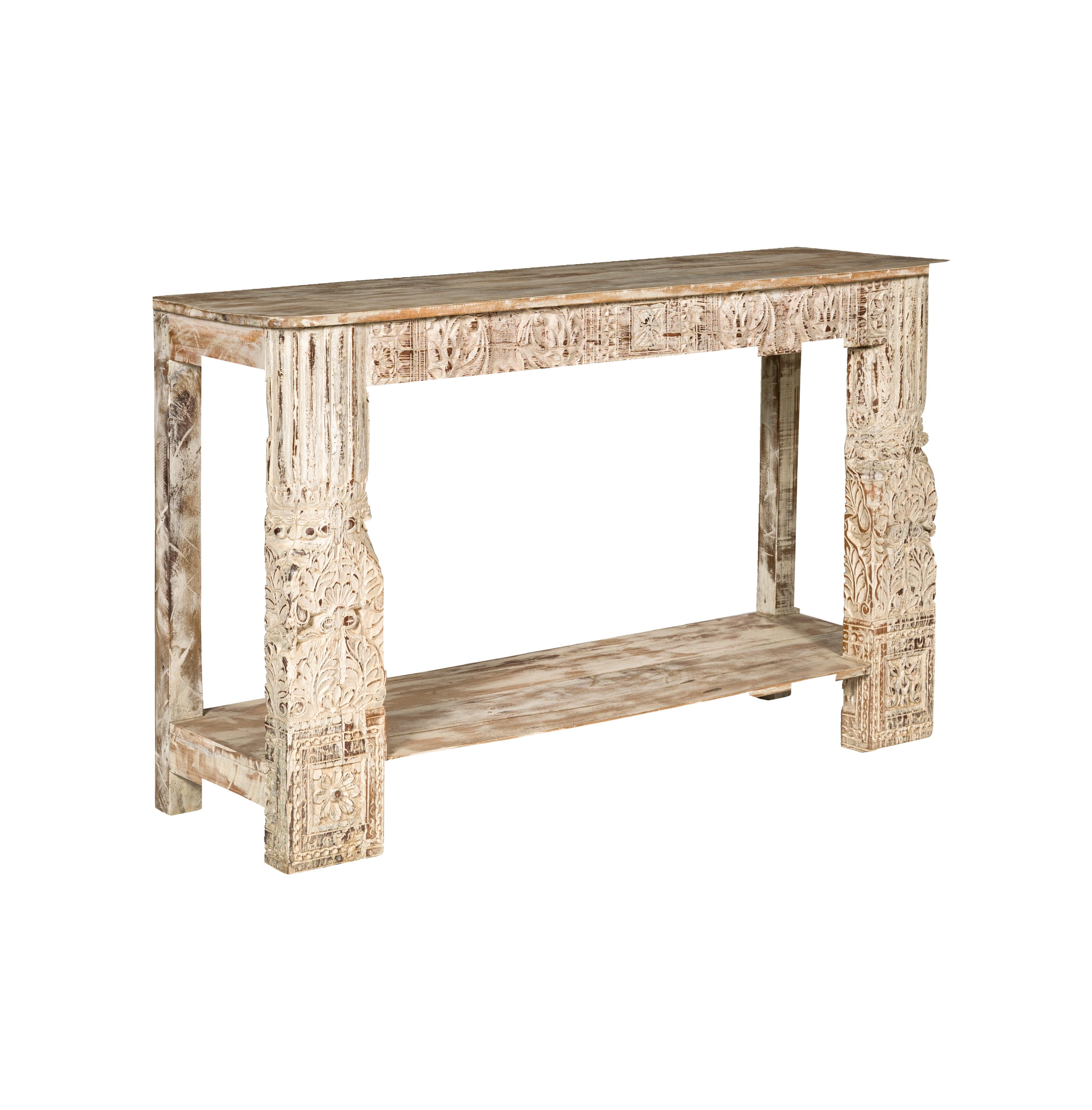 Mughal Style Whitewash Console Table with Carved Apron and Lower Shelf For Sale 15