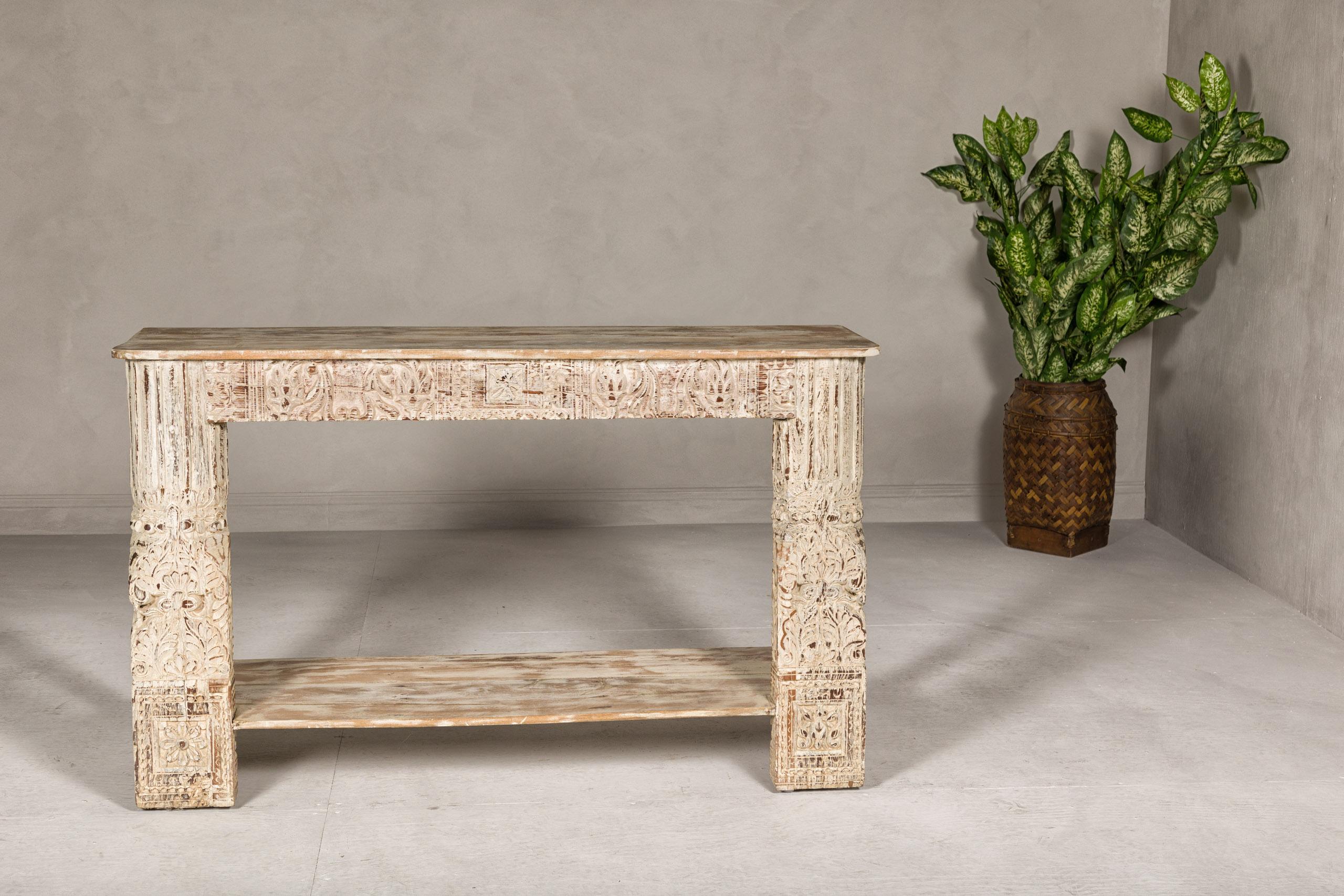 Contemporary Mughal Style Whitewash Console Table with Carved Apron and Lower Shelf For Sale