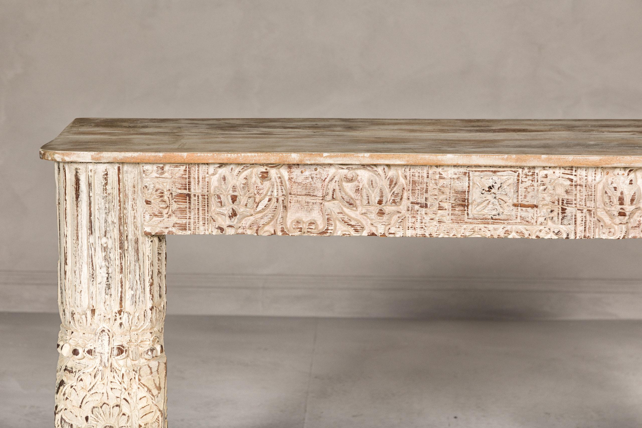 Wood Mughal Style Whitewash Console Table with Carved Apron and Lower Shelf For Sale