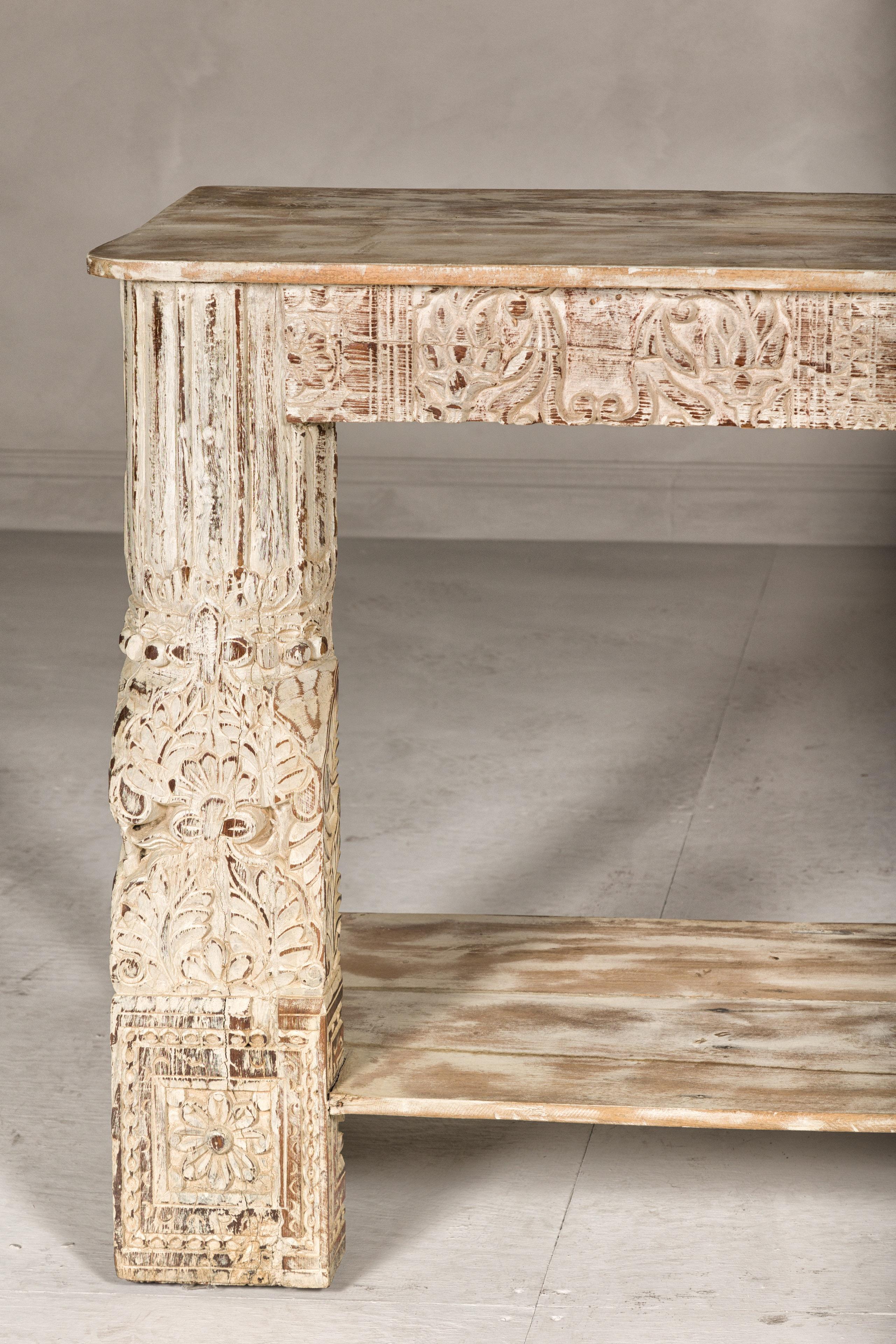 Mughal Style Whitewash Console Table with Carved Apron and Lower Shelf For Sale 2