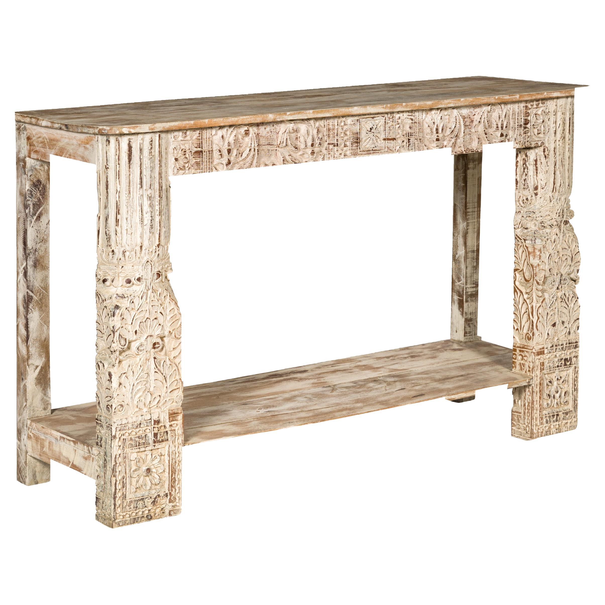 Mughal Style Whitewash Console Table with Carved Apron and Lower Shelf For Sale