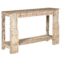 Mughal Style Whitewash Console Table with Carved Apron and Lower Shelf