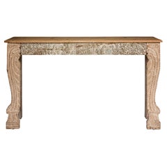 Used Mughal Style Whitewash Console Table with Foliage Carved Apron and Legs