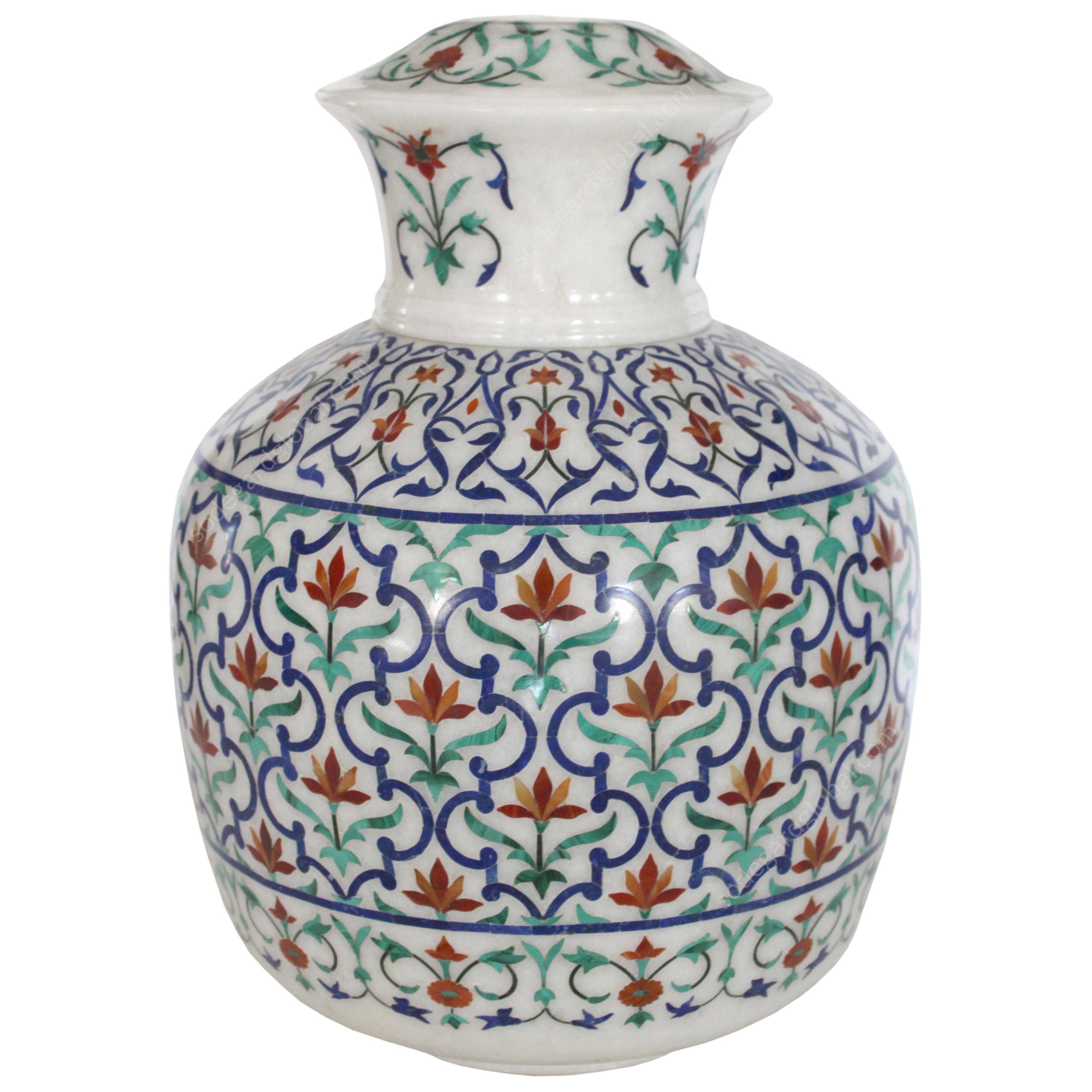 Mughal Vase Pachchi Kari Inlay in White Marble by Stephanie Odegard For Sale