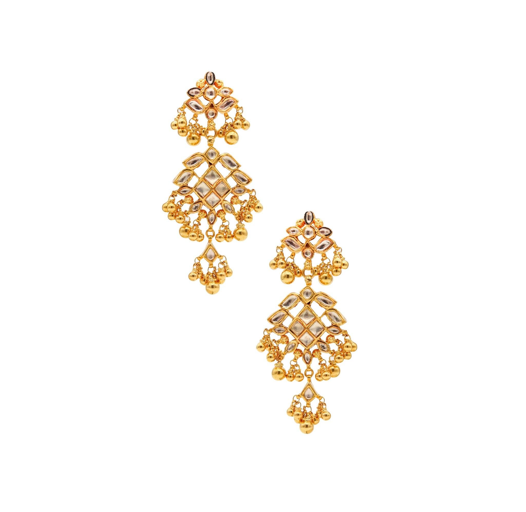 MUGHAL Vintage-Kronleuchter-Ohrringe mit Hängetropfen aus massivem 22 Karat Gelbgold 3