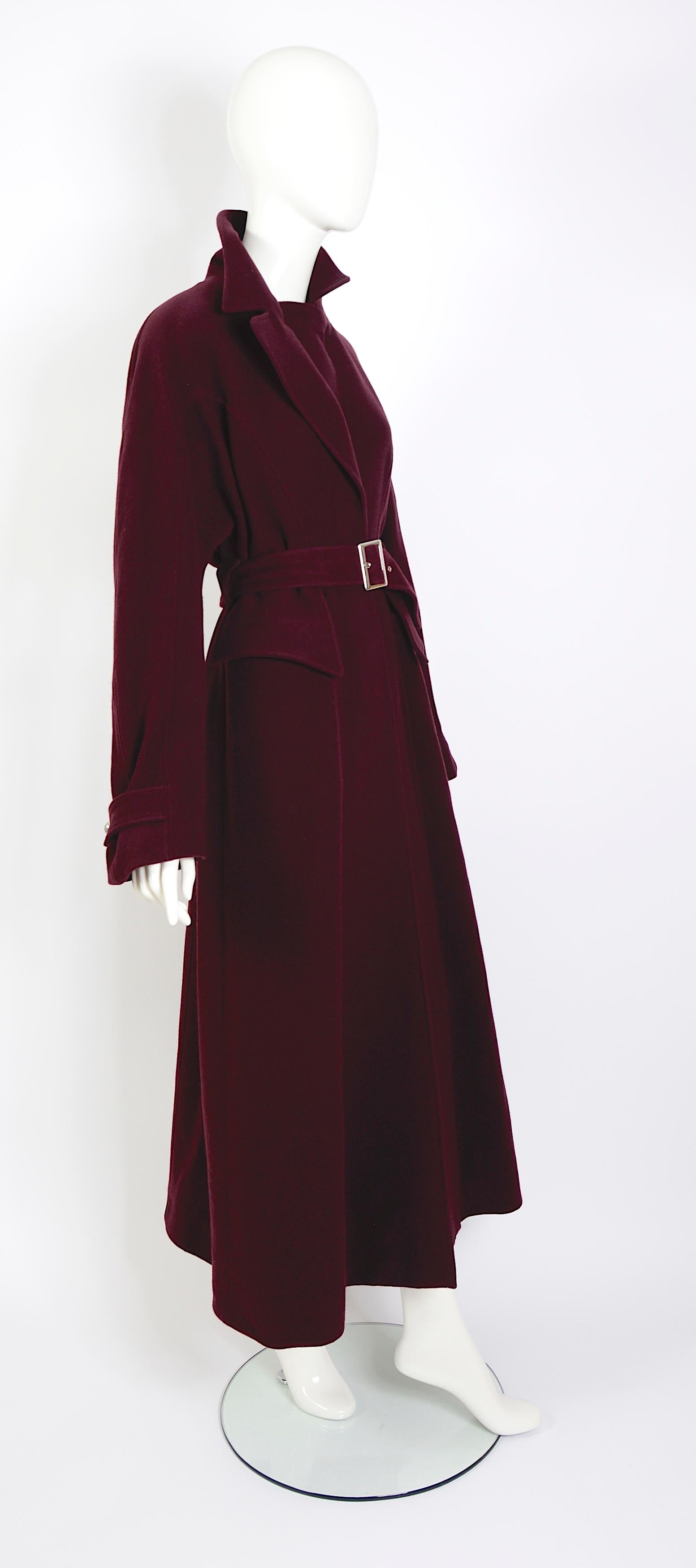Mugler 1980s vintage iconic design 100% wool belted burgundy maxi coat. For Sale 4