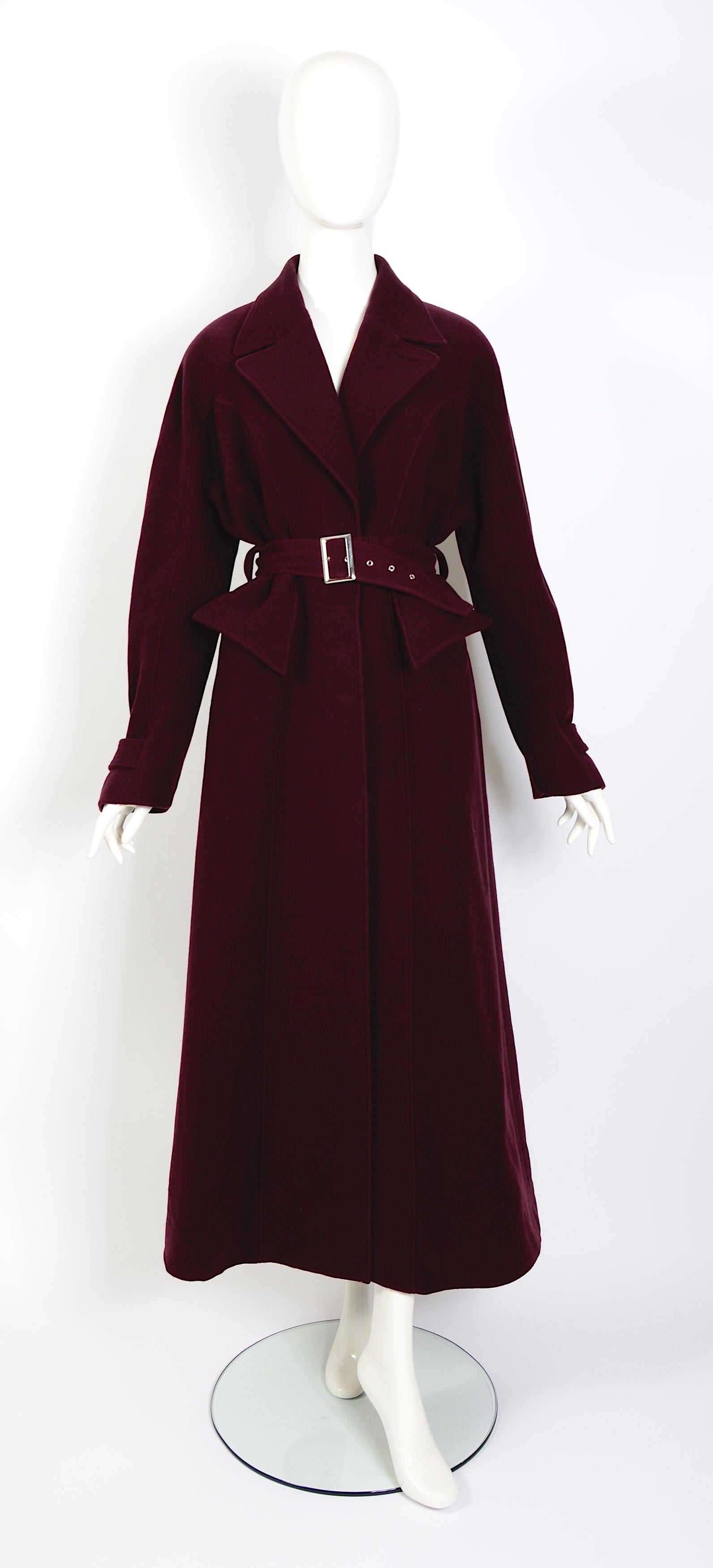Mugler 1980s vintage iconic design 100% wool belted burgundy maxi coat. For Sale 5