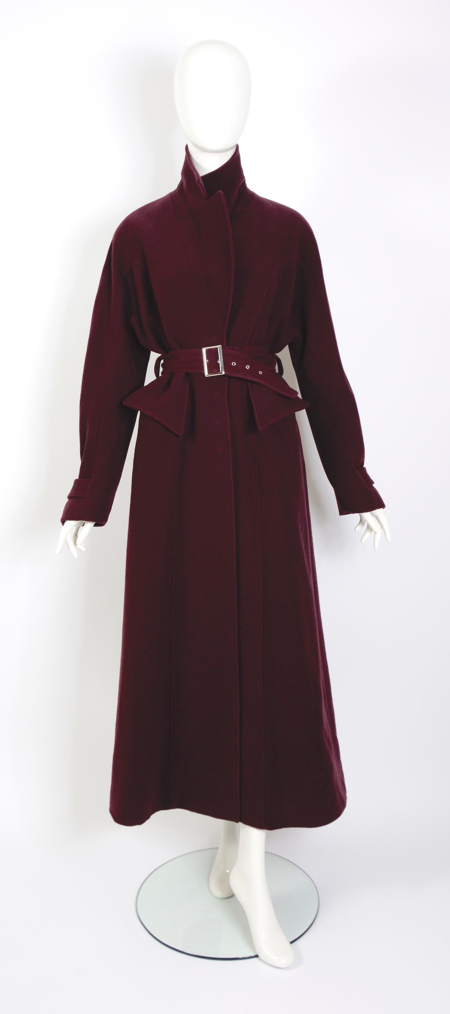 Mugler 1980s vintage iconic design 100% wool belted burgundy maxi coat. For Sale 6
