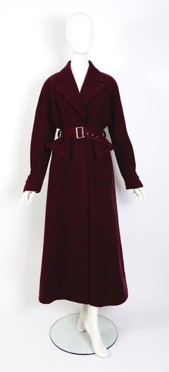 Mugler 1980s vintage iconic design 100% wool belted burgundy maxi coat.