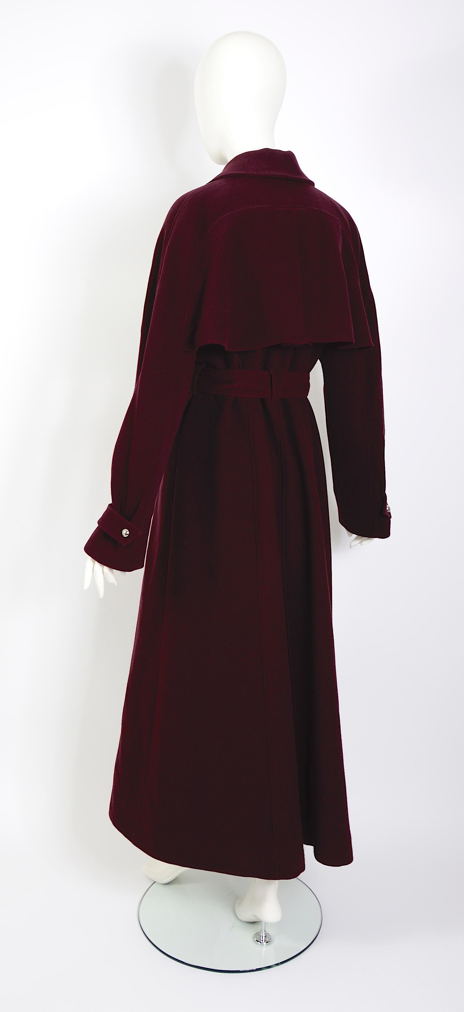 Women's Mugler 1980s vintage iconic design 100% wool belted burgundy maxi coat. For Sale