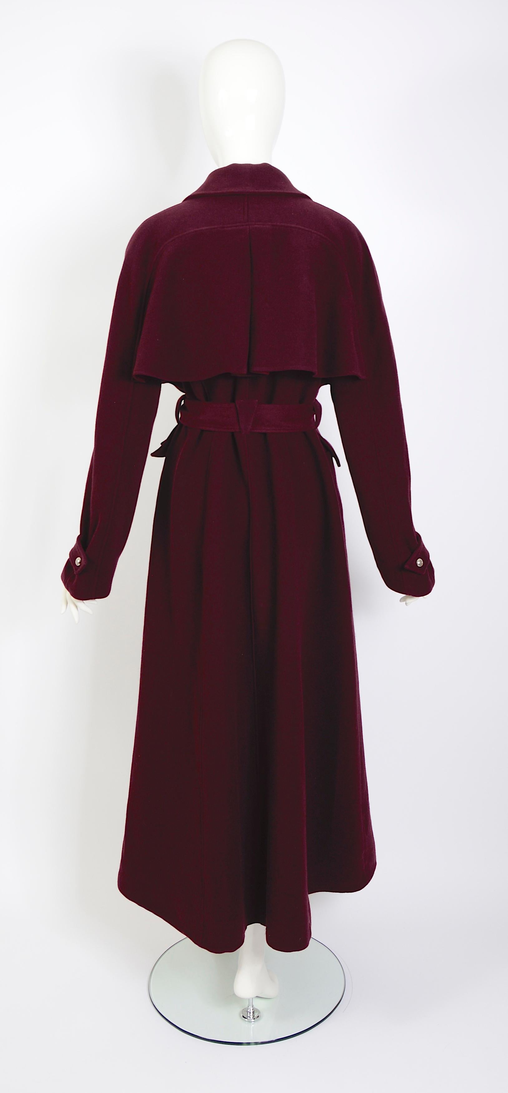 Mugler 1980s vintage iconic design 100% wool belted burgundy maxi coat. 1