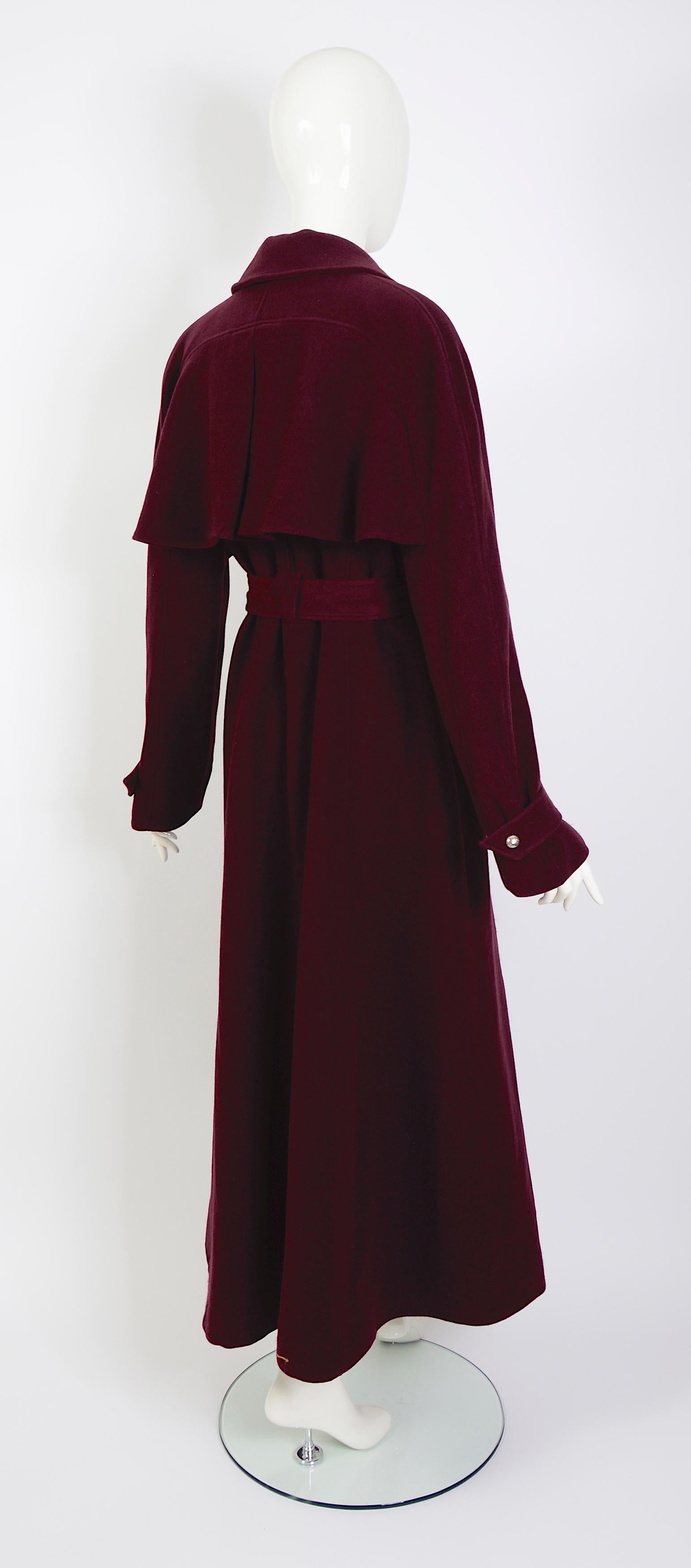 Mugler 1980s vintage iconic design 100% wool belted burgundy maxi coat. For Sale 2