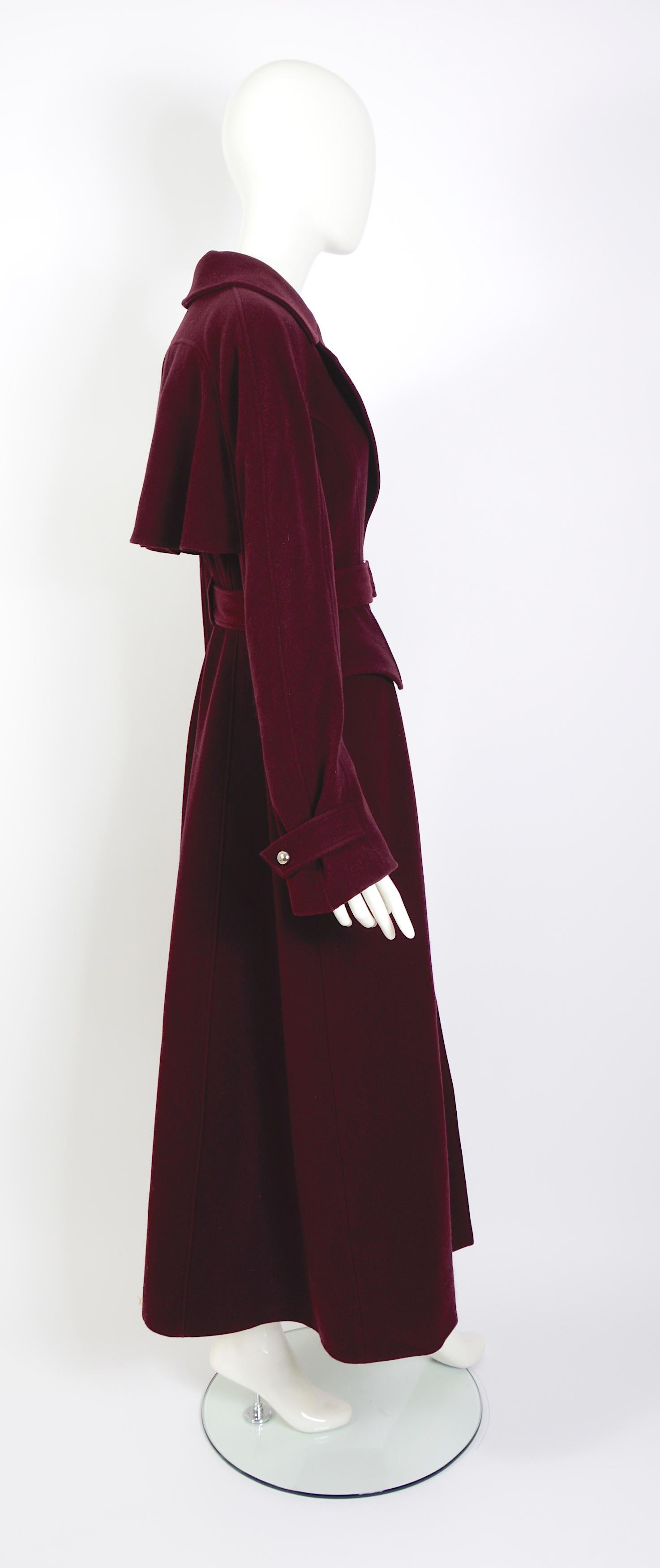 Mugler 1980s vintage iconic design 100% wool belted burgundy maxi coat. For Sale 3