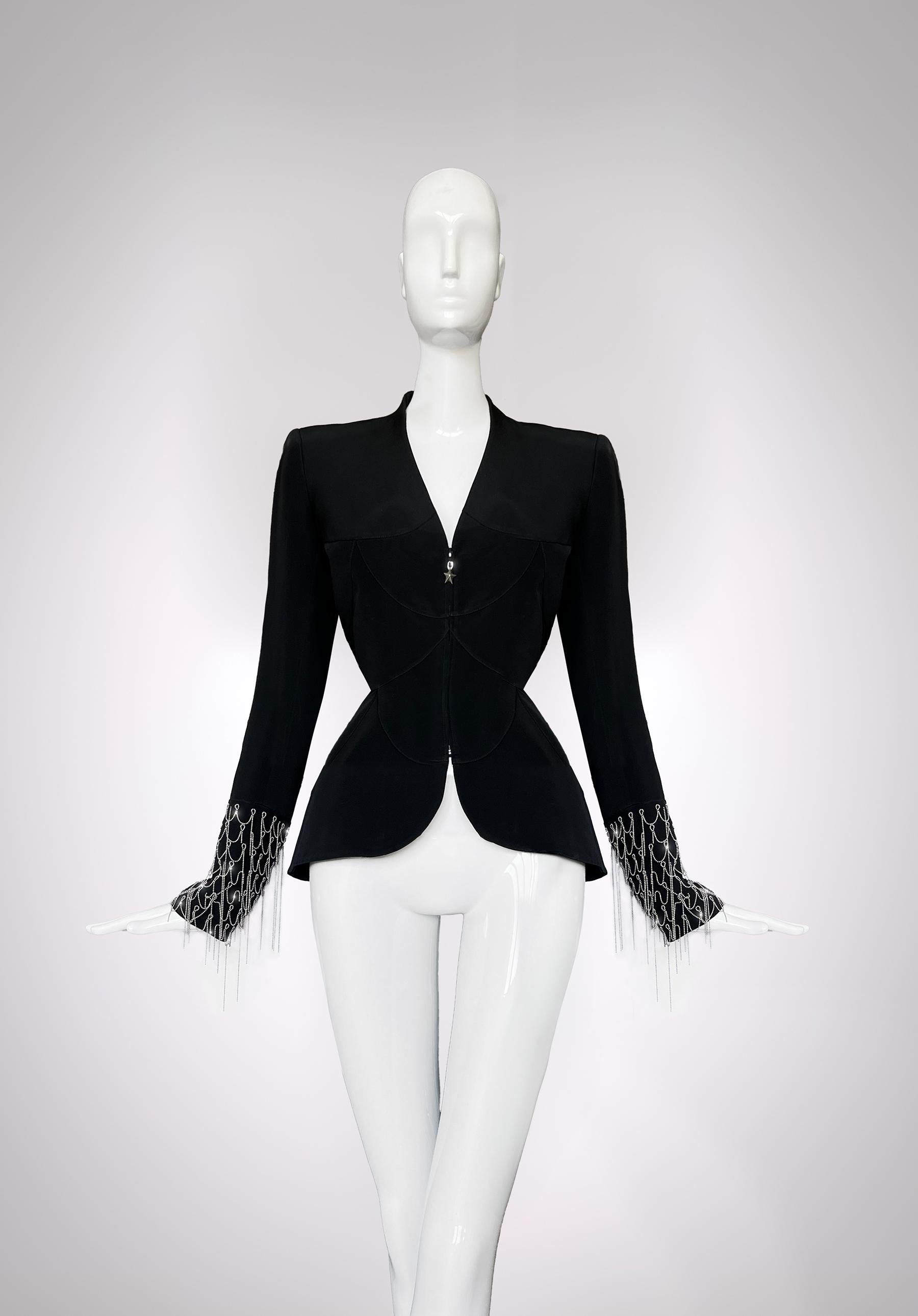 Women's MUGLER Black Jacket Silver Metal Chain Details For Sale