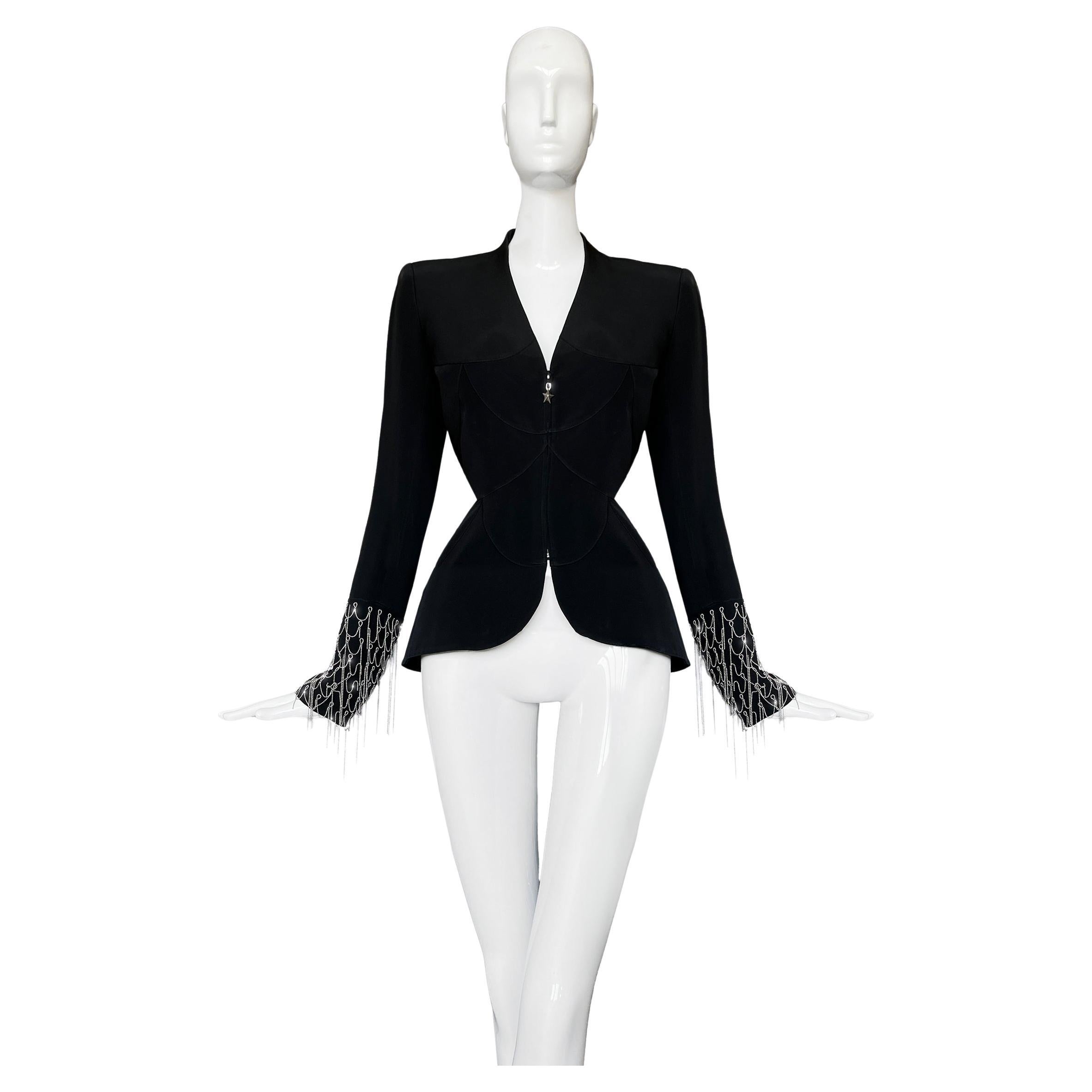 MUGLER Black Jacket Silver Metal Chain Details For Sale