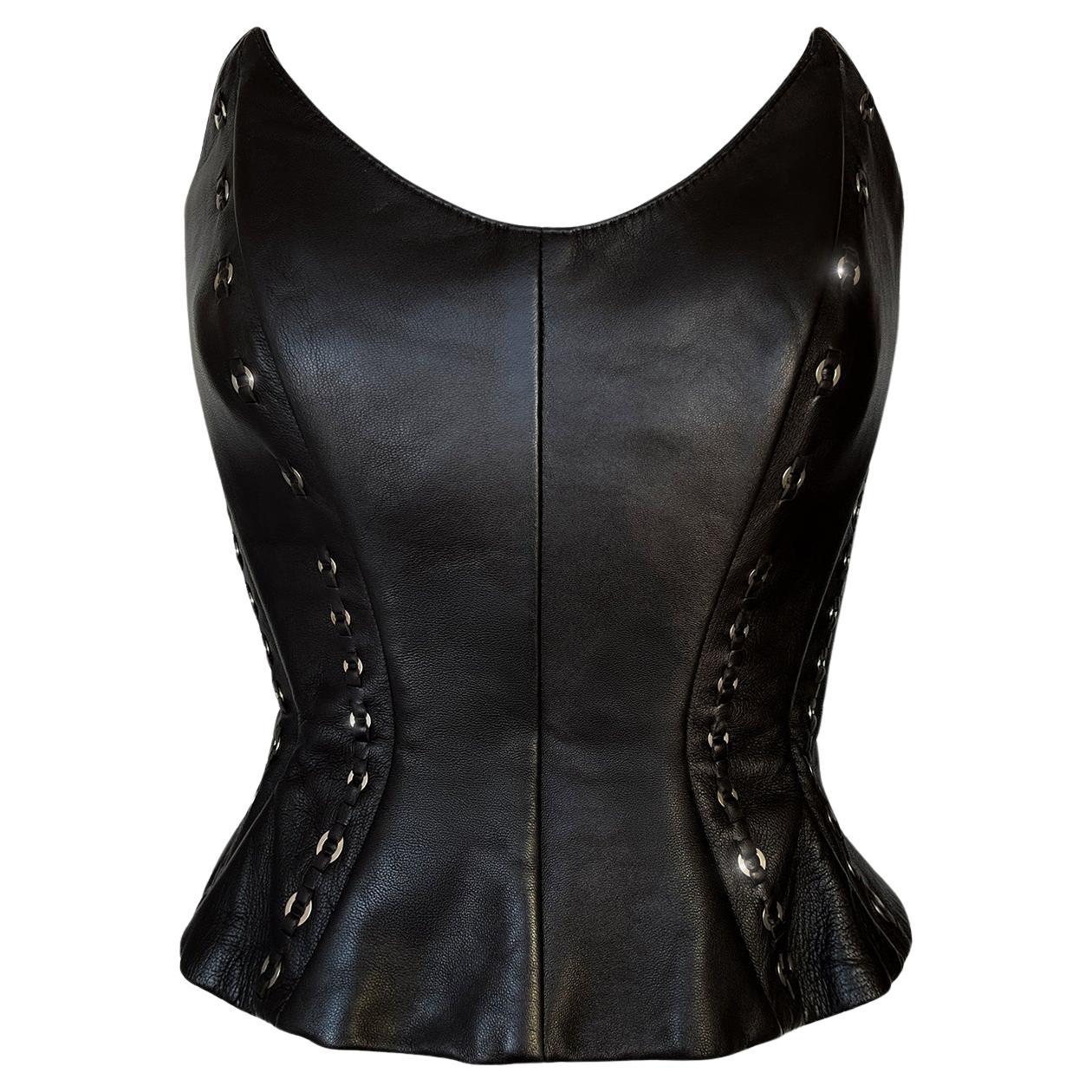 MUGLER Black Pierced Leather Bodice Corset Top