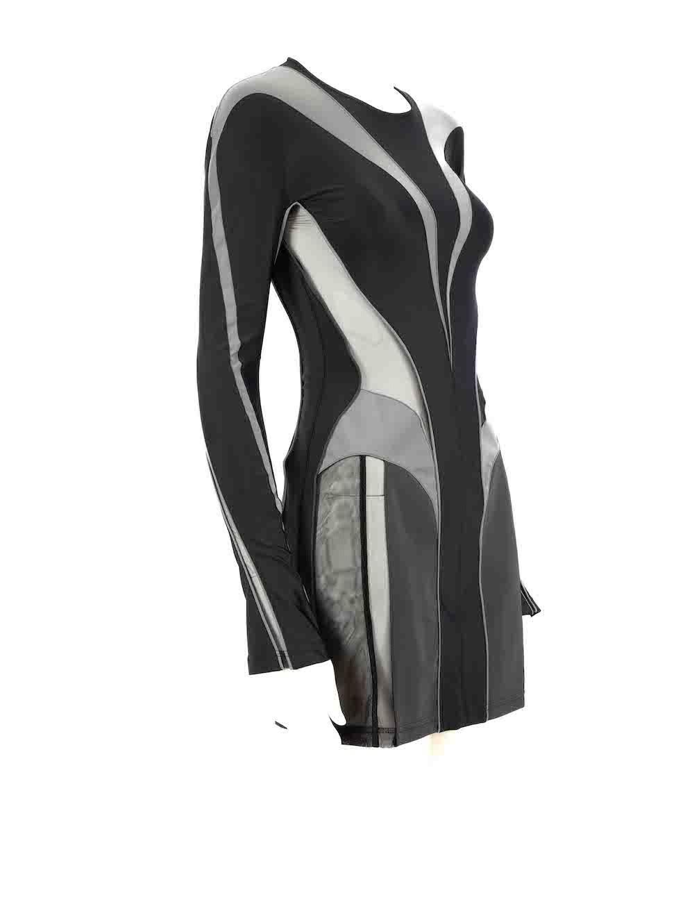 CONDITION is Very good. Hardly any visible wear to dress is evident on this used Mugler designer resale item.
 
 
 
 Details
 
 
 Black
 
 Synthetic
 
 Bodycon dress
 
 Grey reflective panels
 
 Mesh panels
 
 Long sleeves
 
 Round neckline
 
