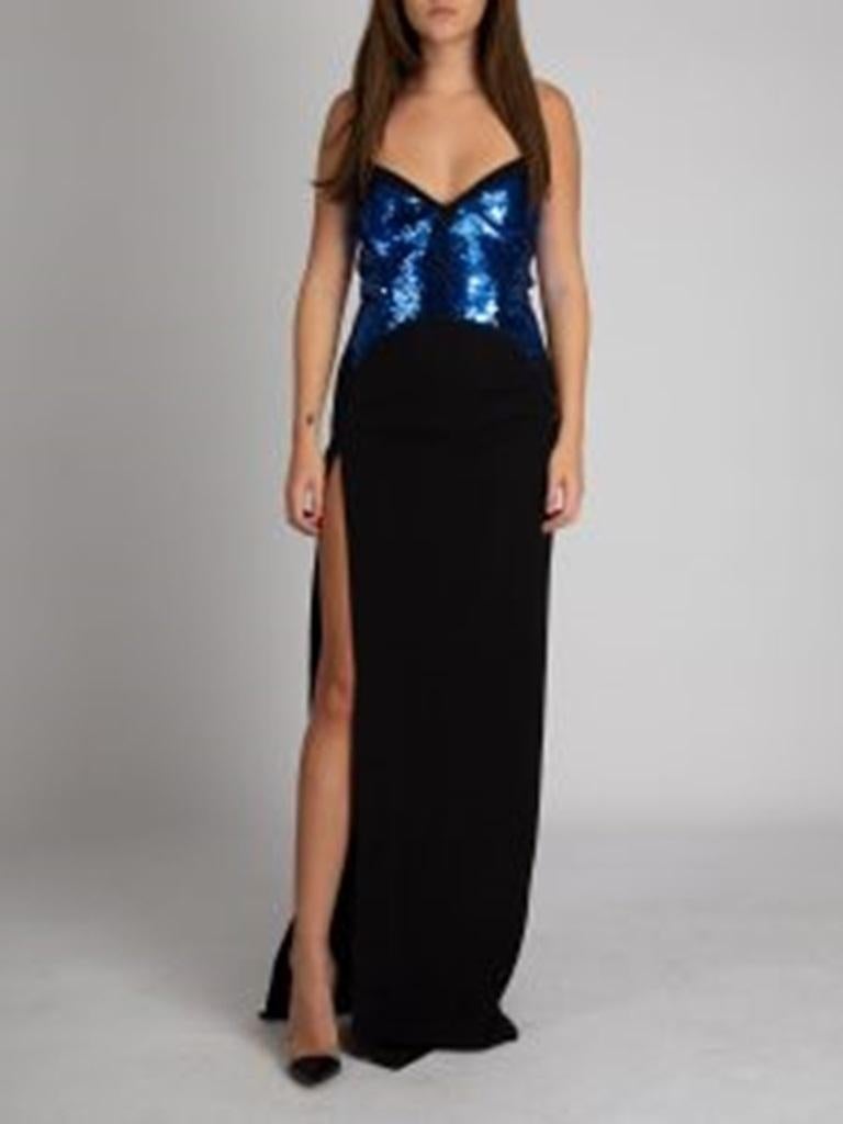 CONDITION is Very good. Hardly any visible wear to dress is evident on this used Mugler designer resale item.
 
 Details
 Black
 Viscose
 Maxi dress
 Blue sequinned top
 Side leg slit
 Back cut out detail
 
 
 Made in France
 
 Composition
 51%
