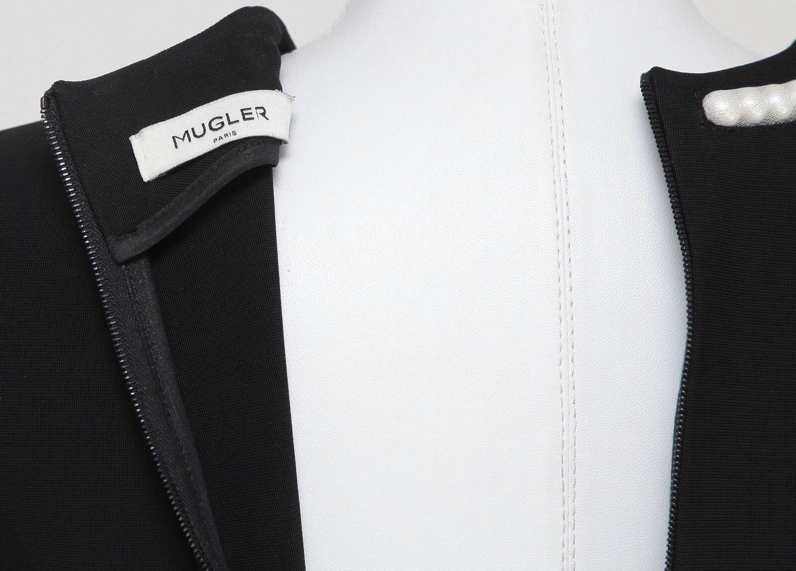 MUGLER Black Short Sleeve Dress Faux Pearls Round Crew Neckline Zipper Sz 40 For Sale 2