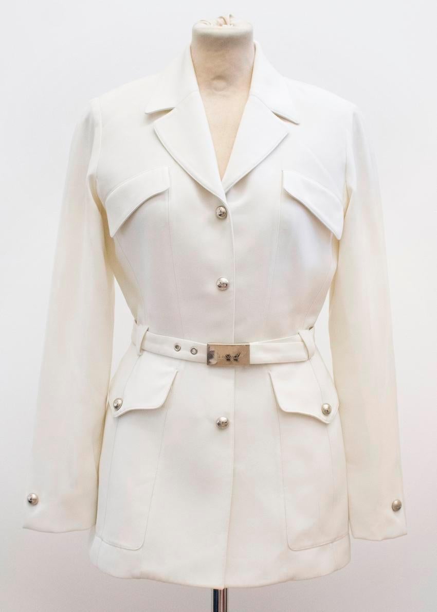 Mugler white jacket. 

Mid-length jacket featuring round silver button snaps and thin adjustable belt. 

- 100% Polyester

Please note, these items are pre-owned and may show signs of being stored even when unworn and unused. This is reflected