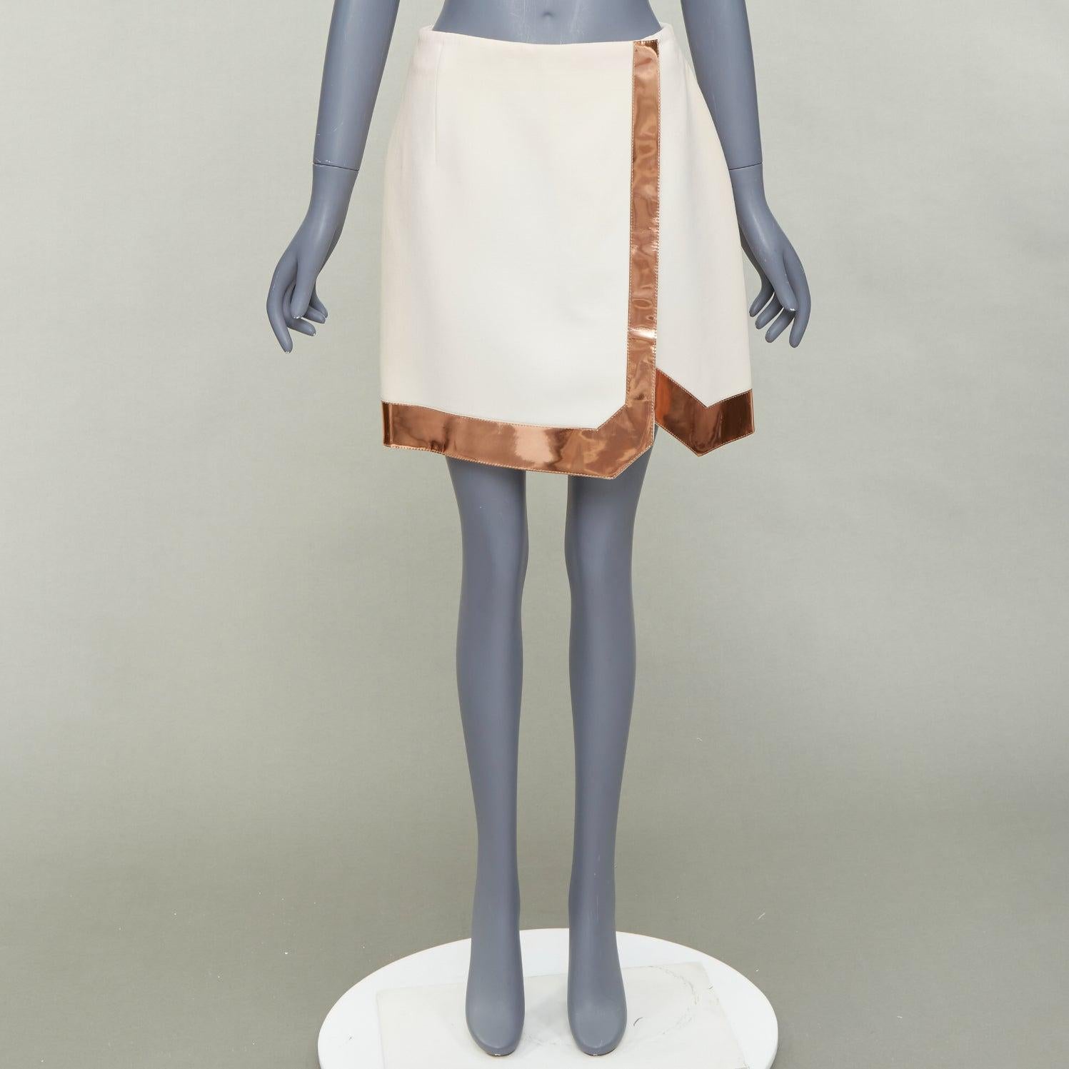 MUGLER cream virgin wool metallic copper PVC edge tulip skirt FR38 M For Sale 6