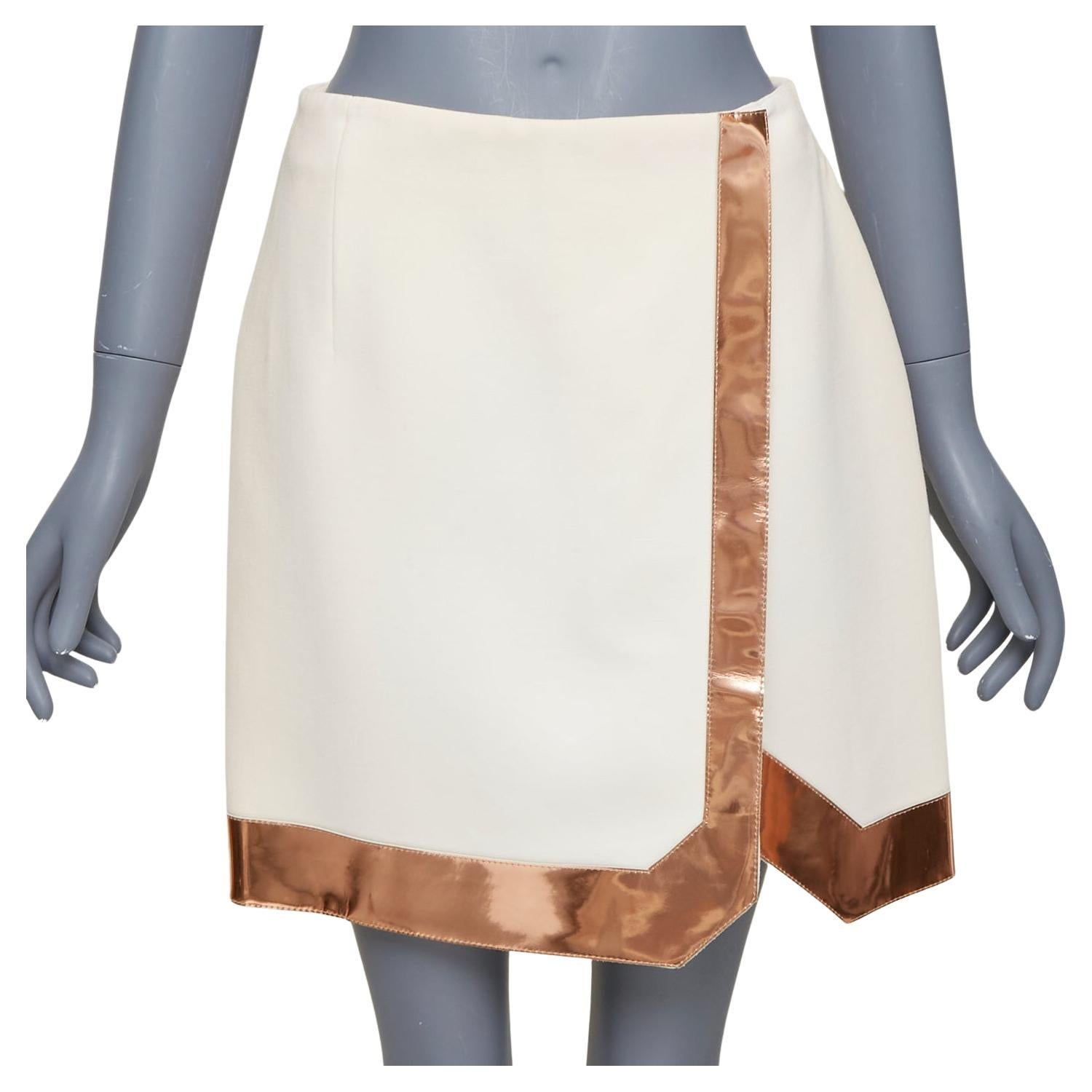 MUGLER cream virgin wool metallic copper PVC edge tulip skirt FR38 M For Sale