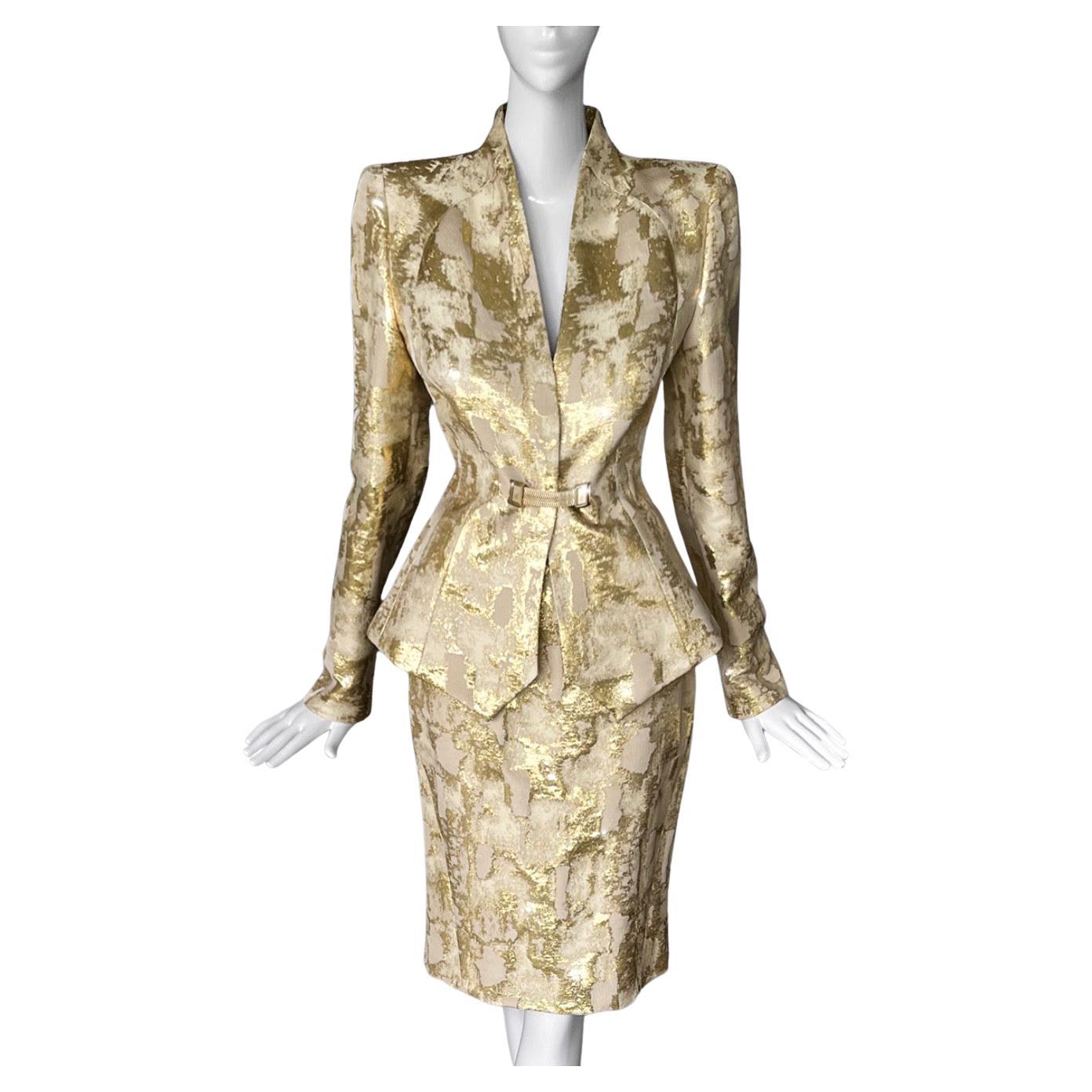 MUGLER Ensemble Gold Metallic Suit Jacket Skirt