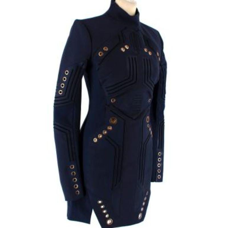 Mugler Eyelet Detail Navy High Neck Fitted Dress In Good Condition For Sale In London, GB
