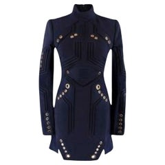 Mugler Eyelet Detail Navy High Neck Fitted Dress